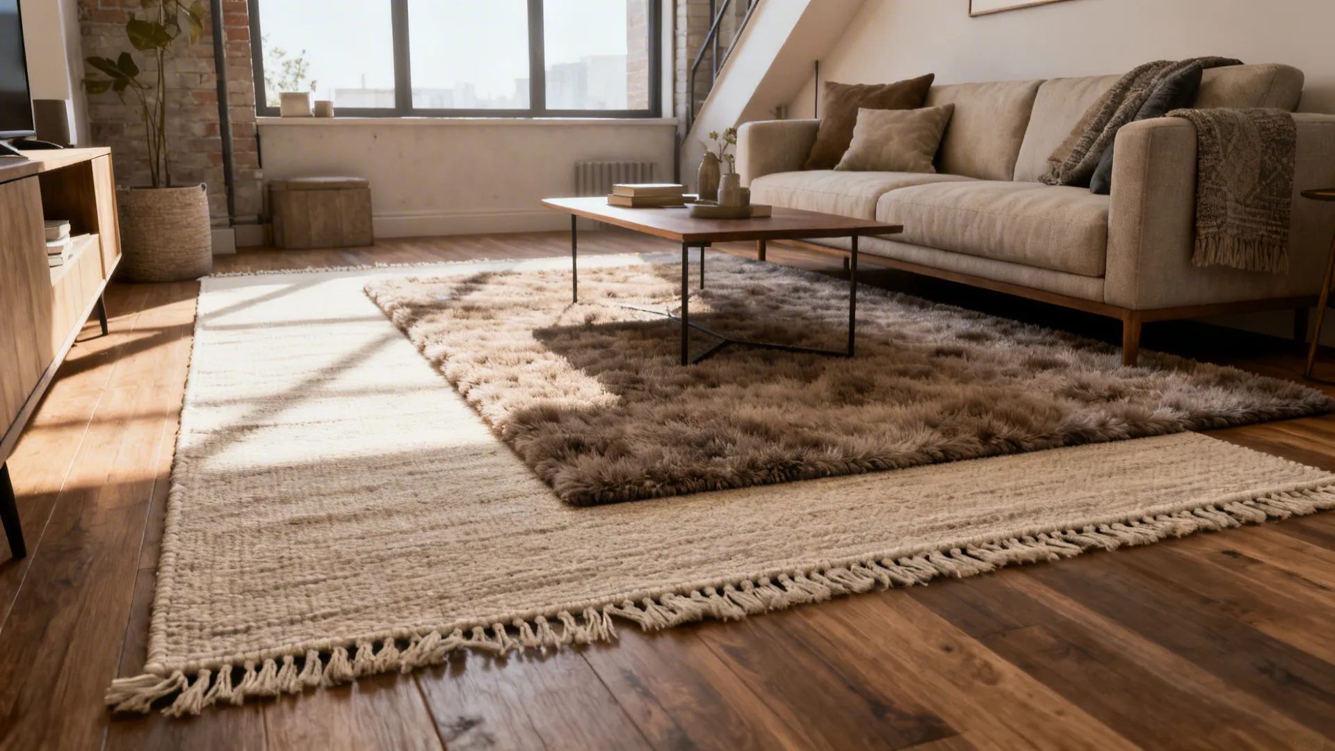 Compact loft living area with a flatweave base rug layered beneath a smaller plush rug defining the seating zone