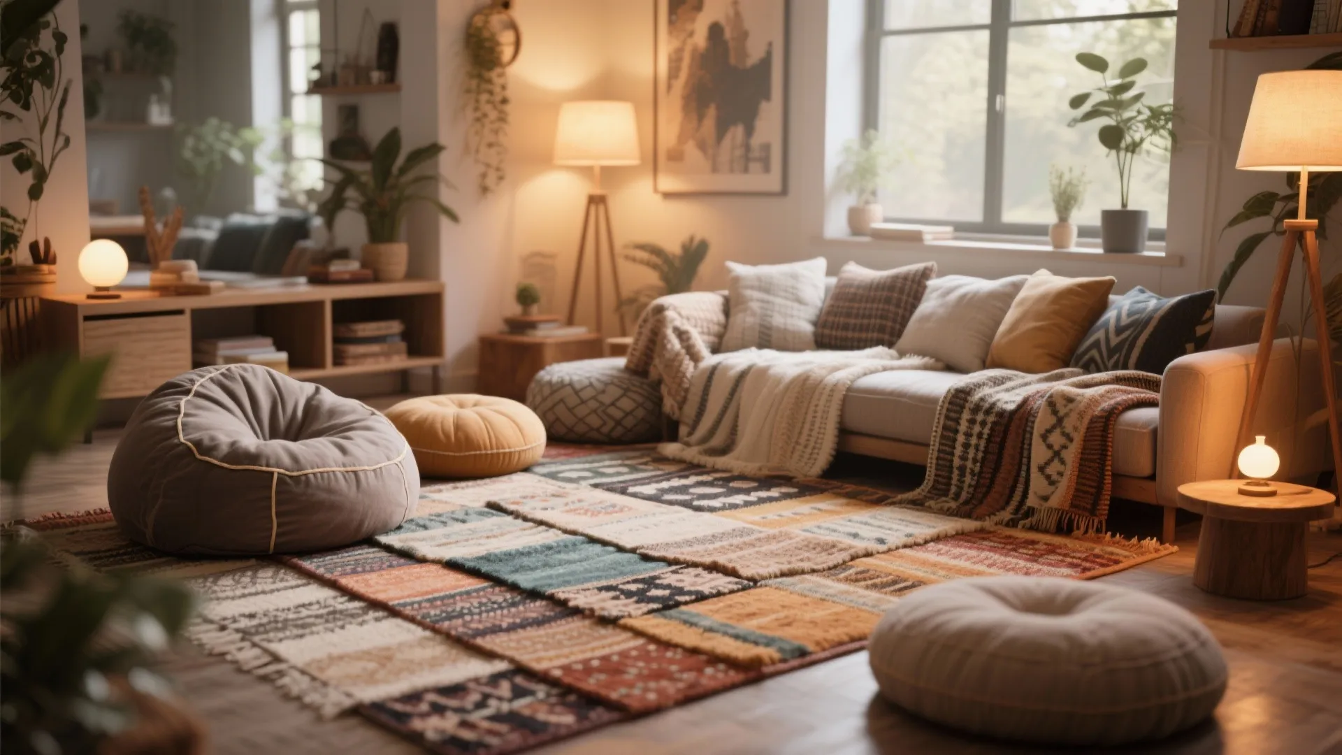 10. Layered Rugs and Floor Lounge