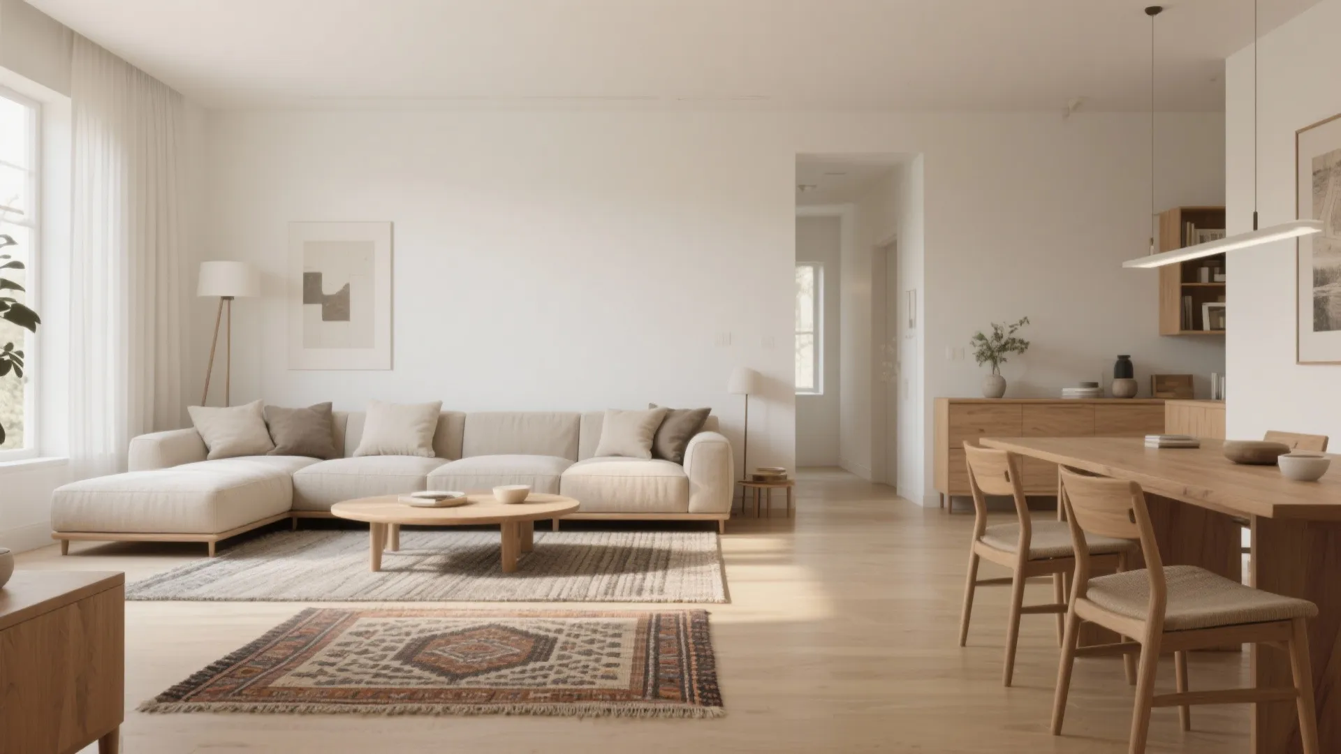 Sectional sofa + layered rugs to map the room