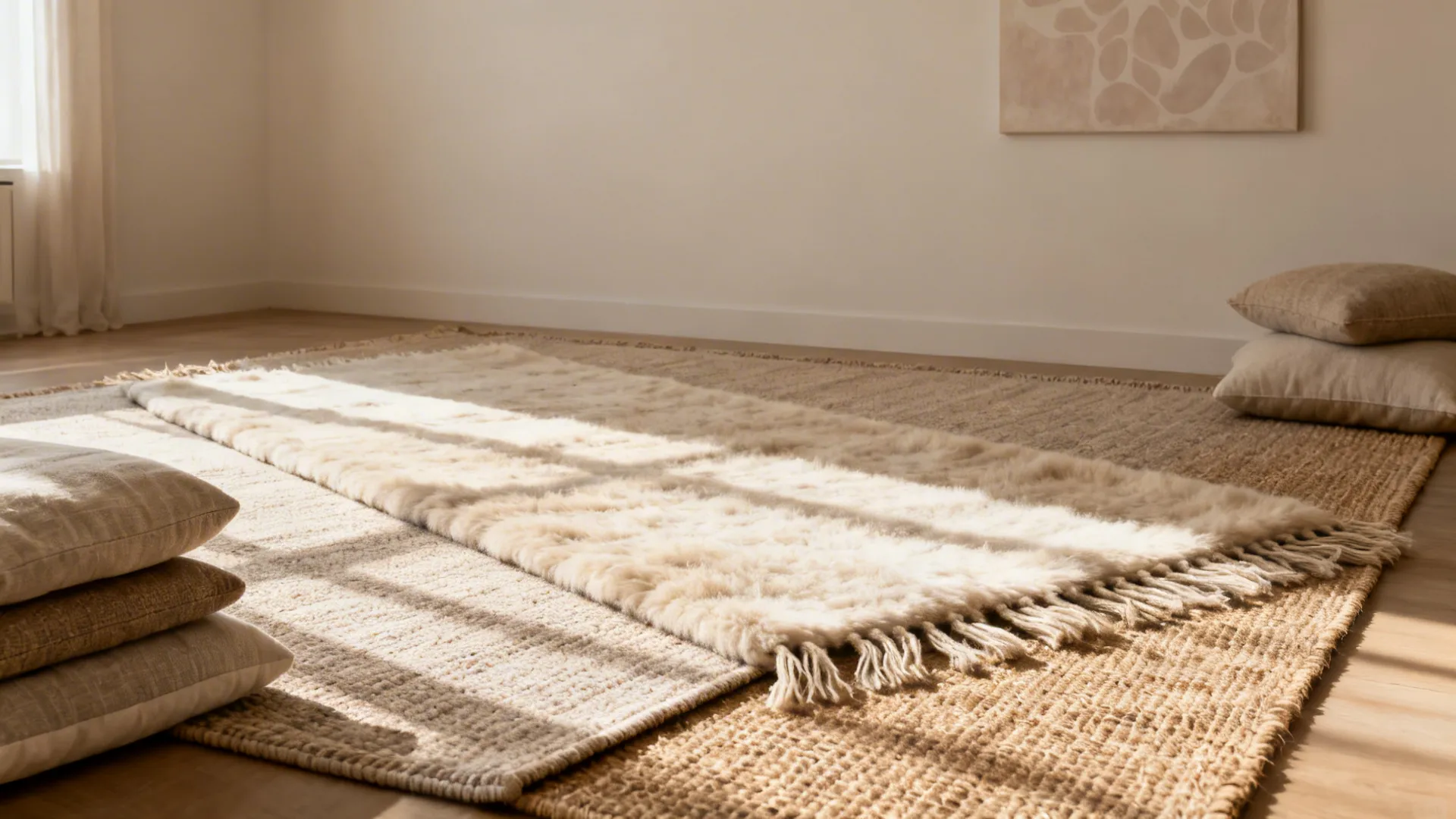 Layered flat-weave rugs with a plush wool runner and floor cushions in a furniture-free living room.