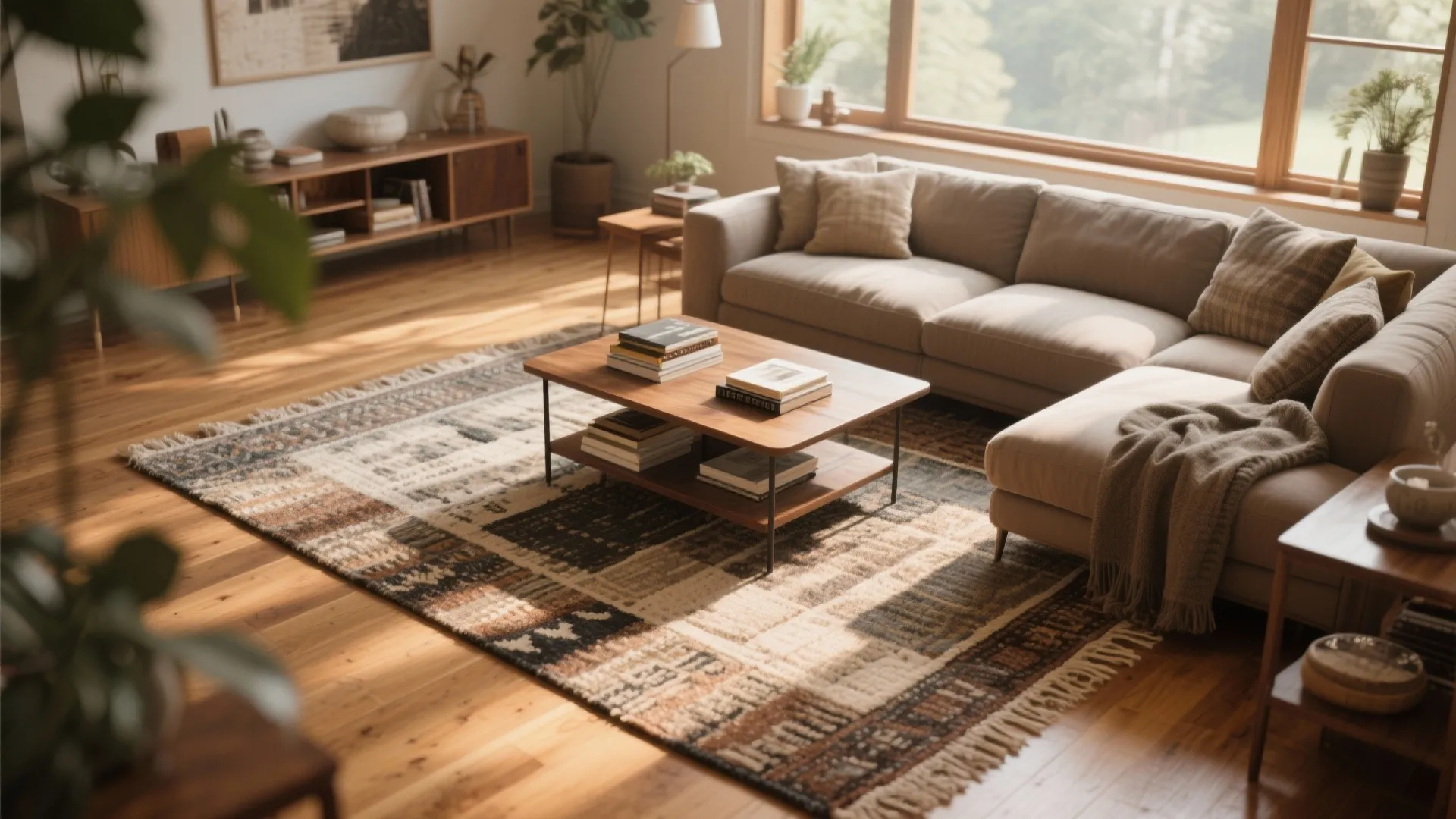 8. Layering Rugs over Mid-Tone Wood