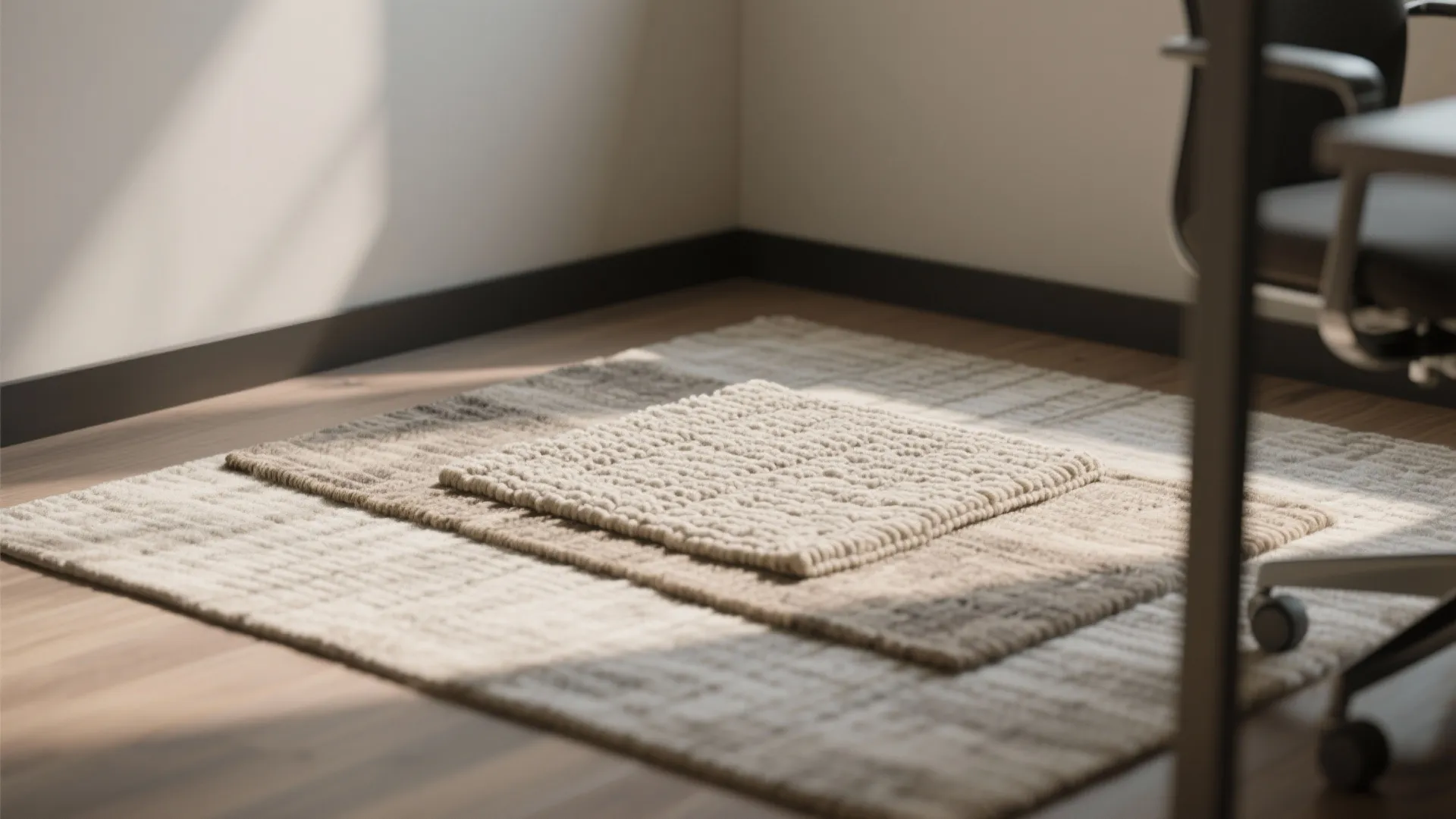 Layered rugs in neutral tones under soft daylight in office corner
