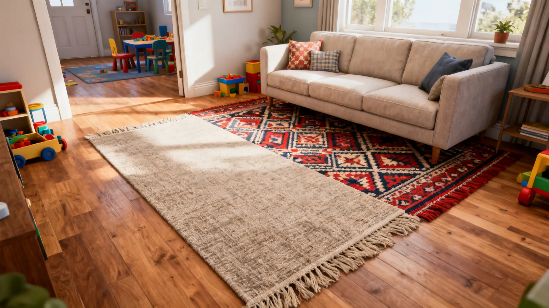 Layered rugs defining zones in a small living room with open floor space