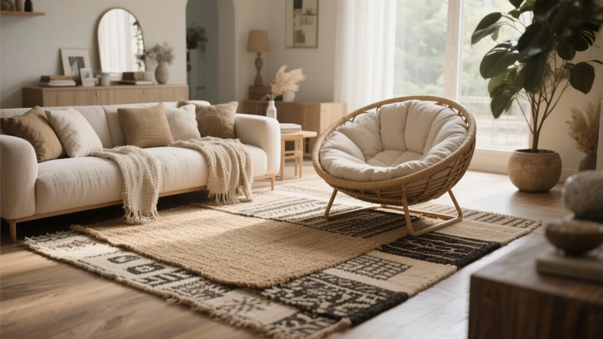 7. Layered Rugs Under Papasan