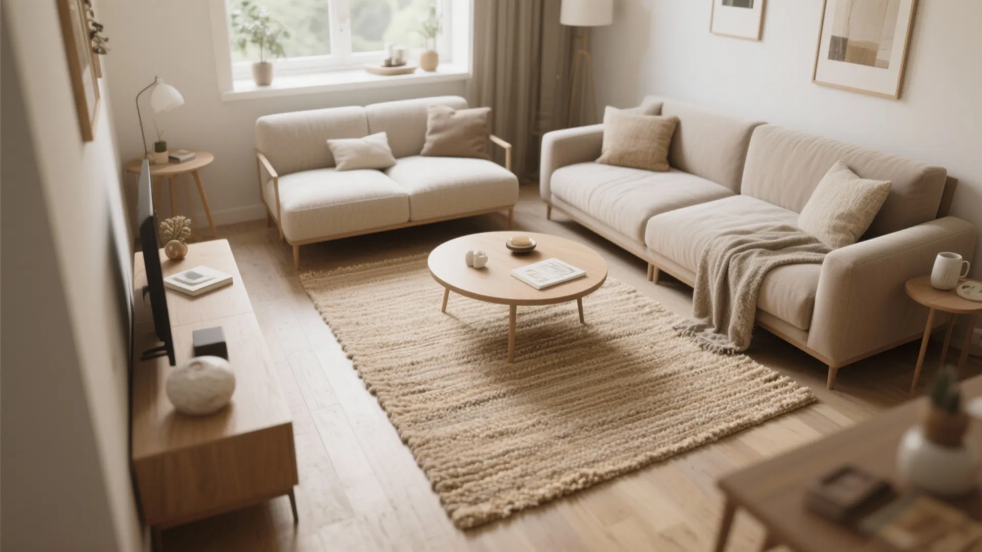 Modern living room with neutral sofas round wooden coffee table and textured rug on floor