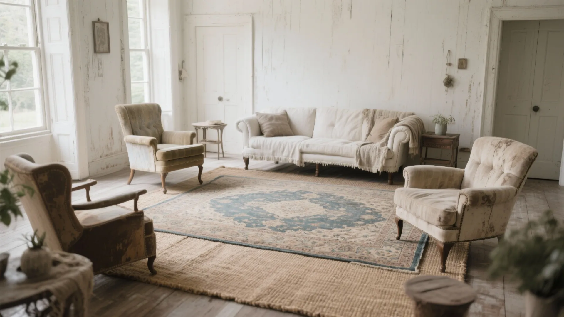 Living room with layered rugs and vintage furniture in shabby chic style