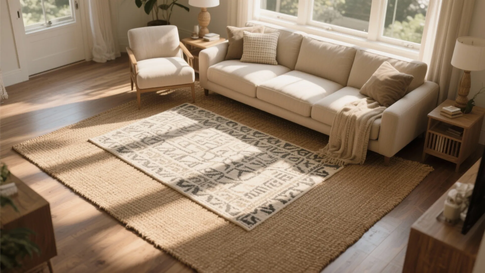 Modern living room with layered rugs, beige sofa, wooden side tables, and bright sunlit windows