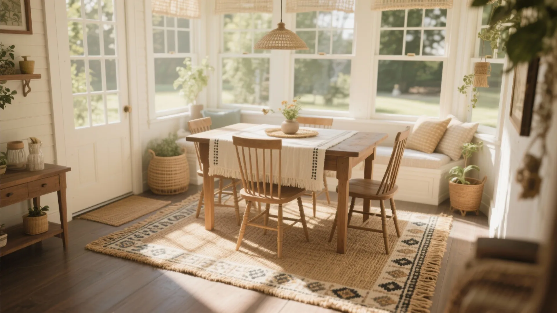 Bright sunroom featuring a wooden dining table over a patterned rug with large windows and plants