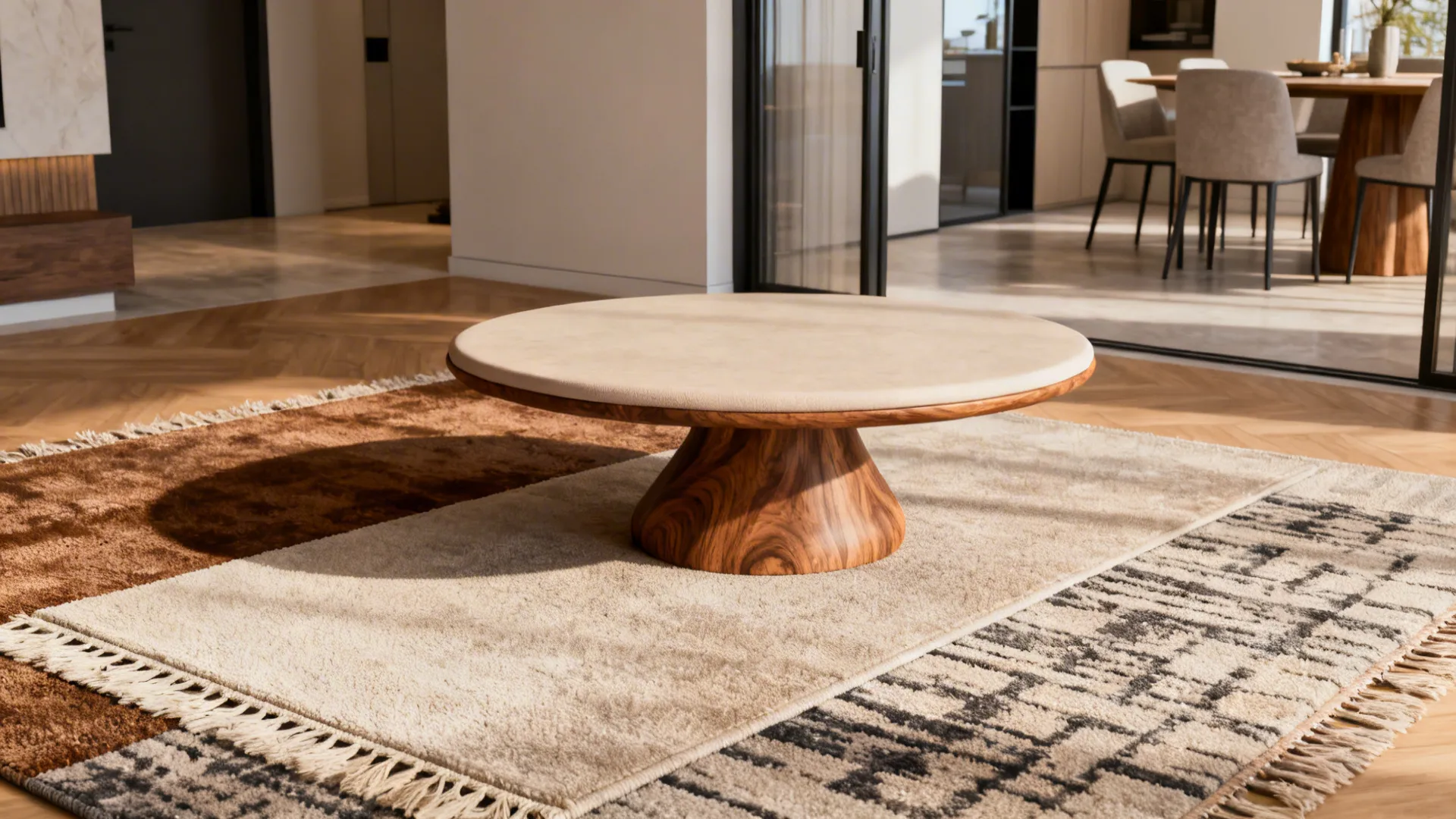 Round coffee table layered over two rugs creating defined lounge zone in open-plan space.