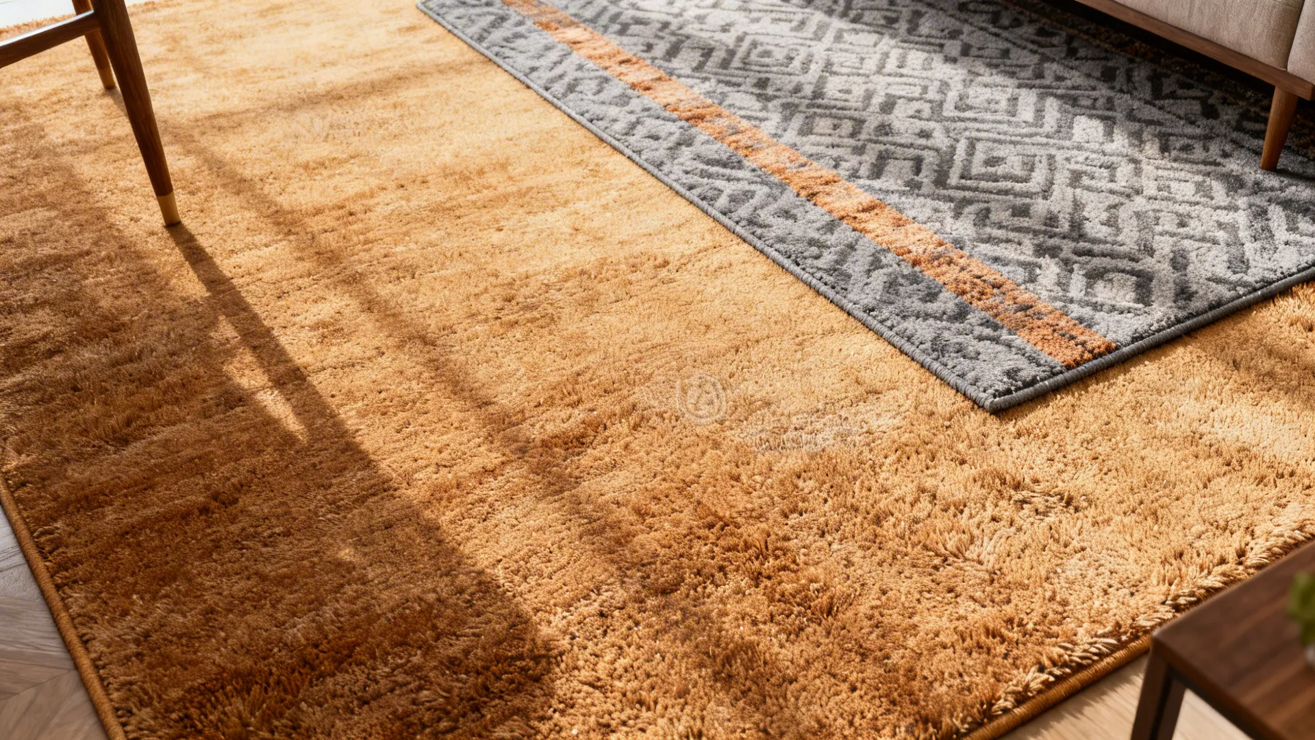 Layered rugs with a tan base and a smaller gray patterned rug on top