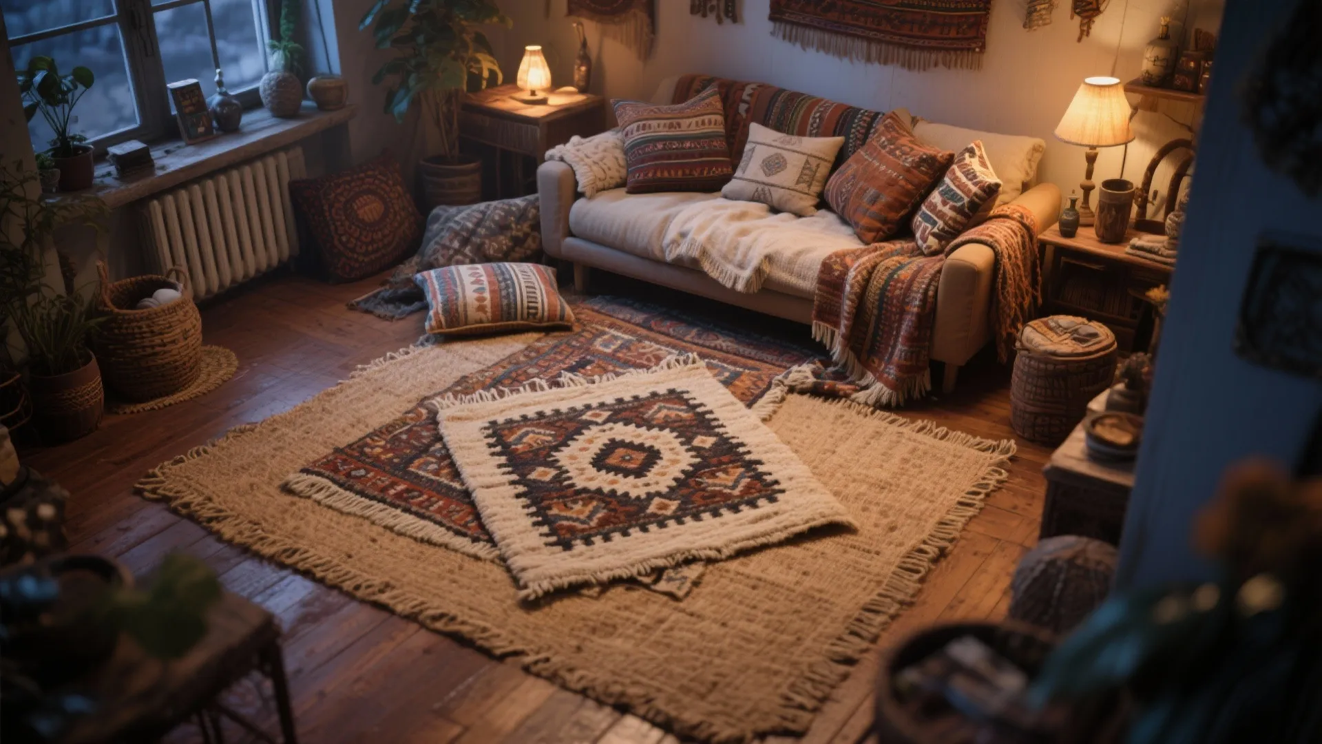 Layered jute and patterned rug adding depth in small living room