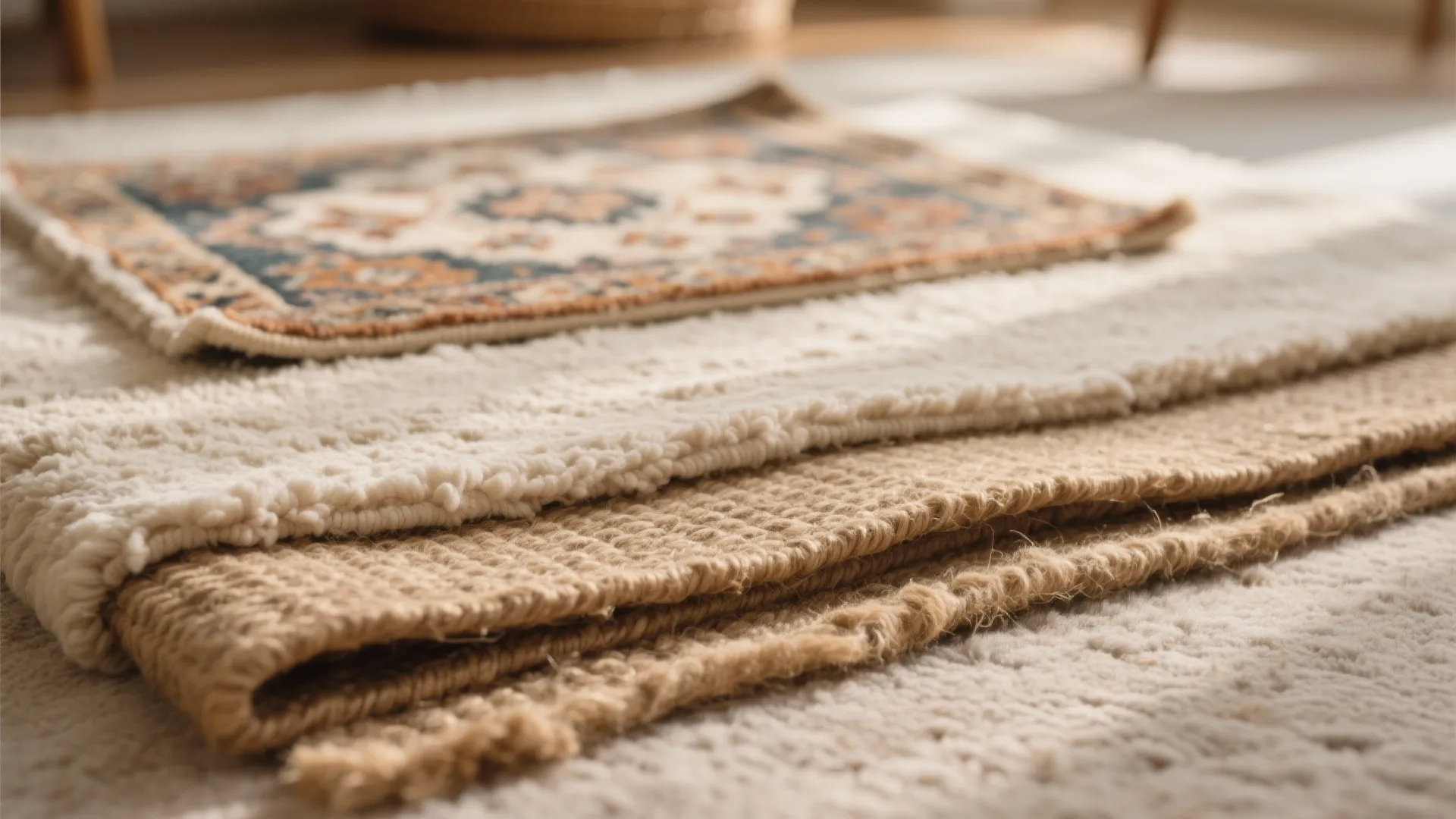 Layered floor rugs showing different textures and materials like woven jute and soft white wool