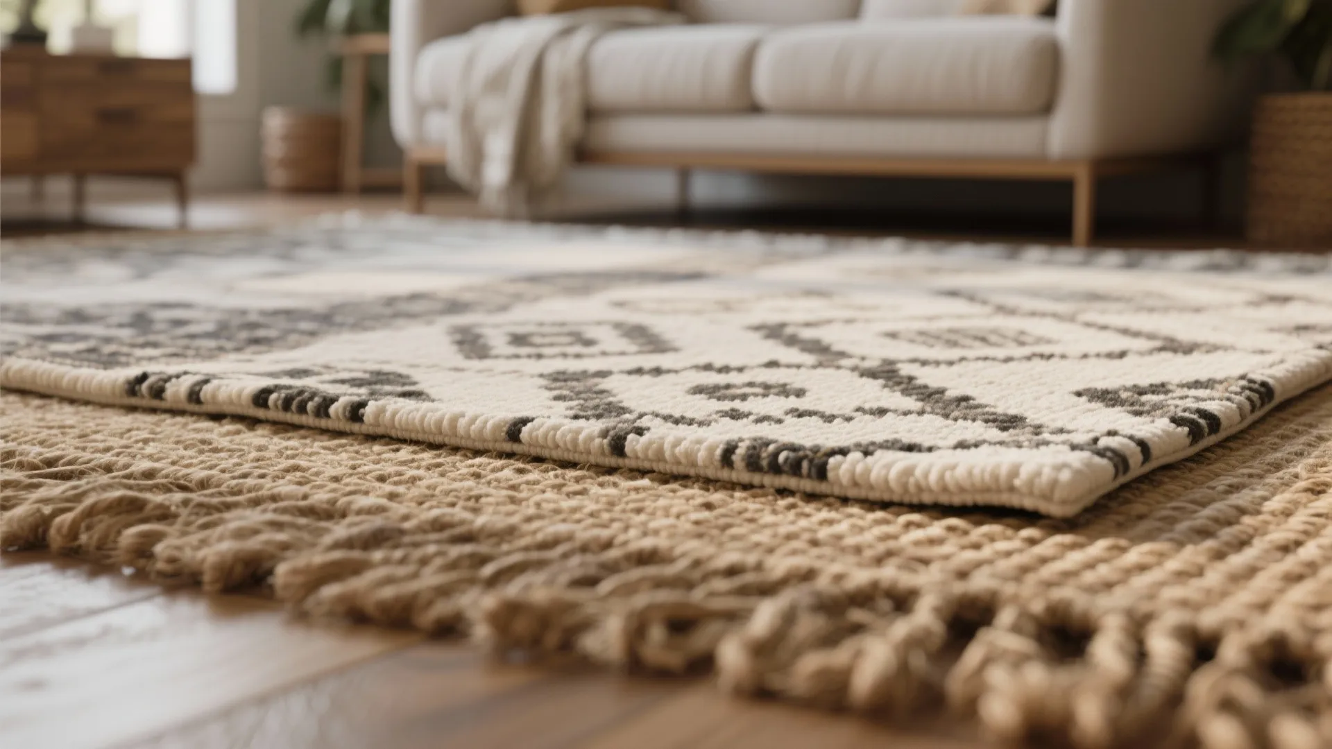 Close up view of layered rugs showing pattern carpet over natural brown rug on wood floor