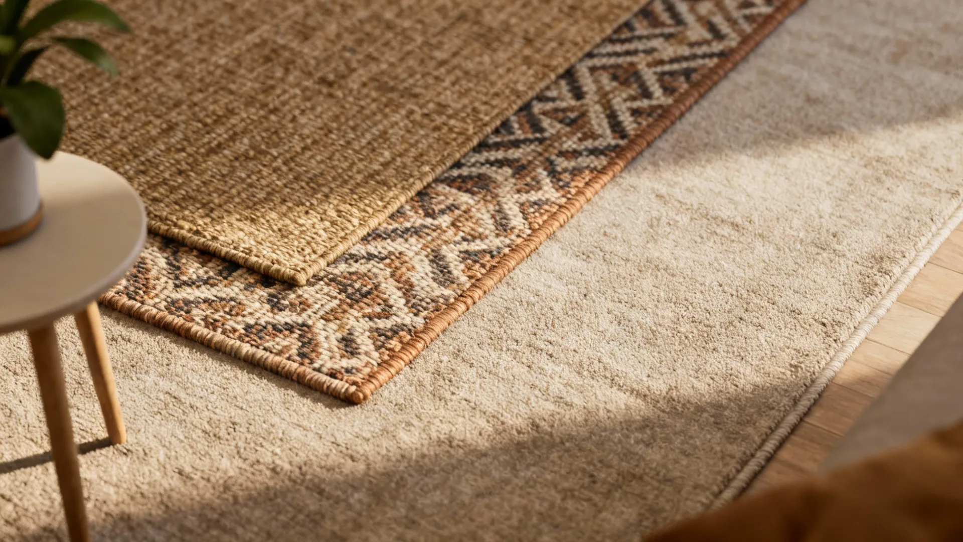 Layered rugs showing a patterned top rug over a neutral base rug with visible fiber textures.