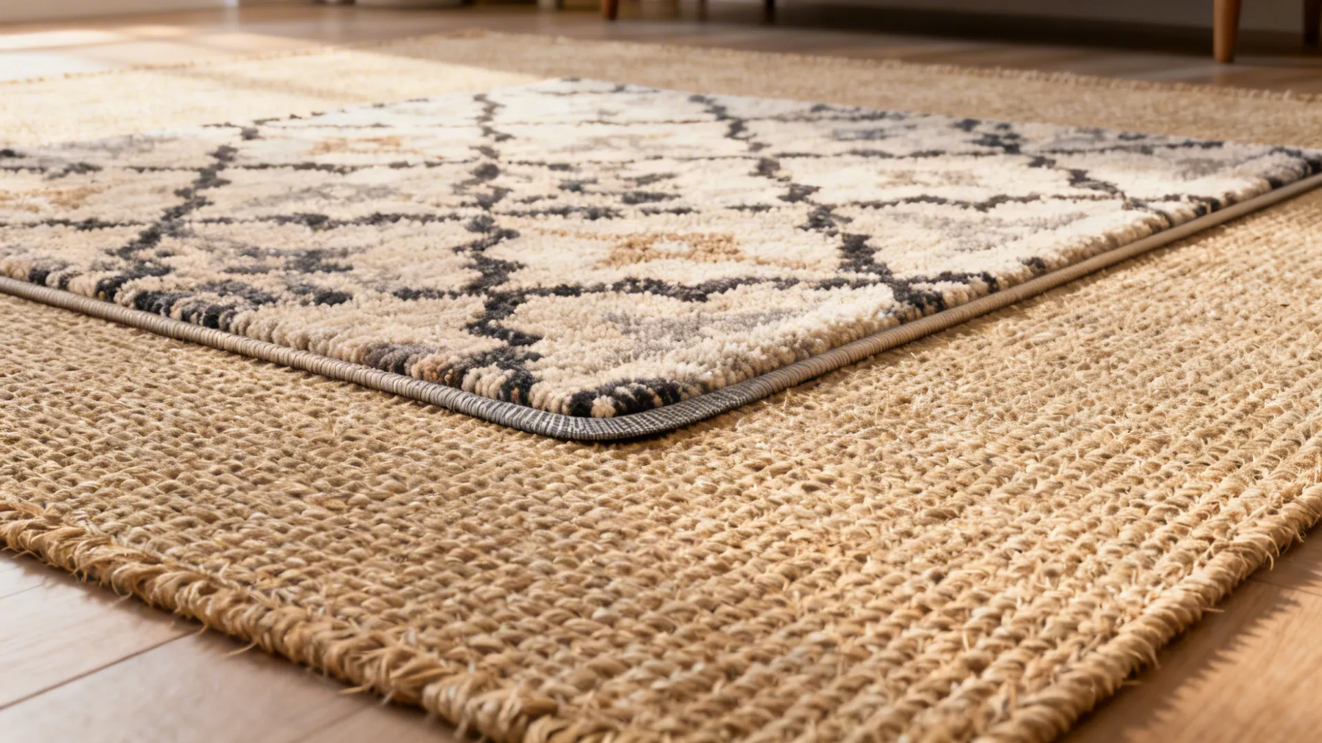 Layered sisal base rug with a smaller patterned wool rug on top in a living room
