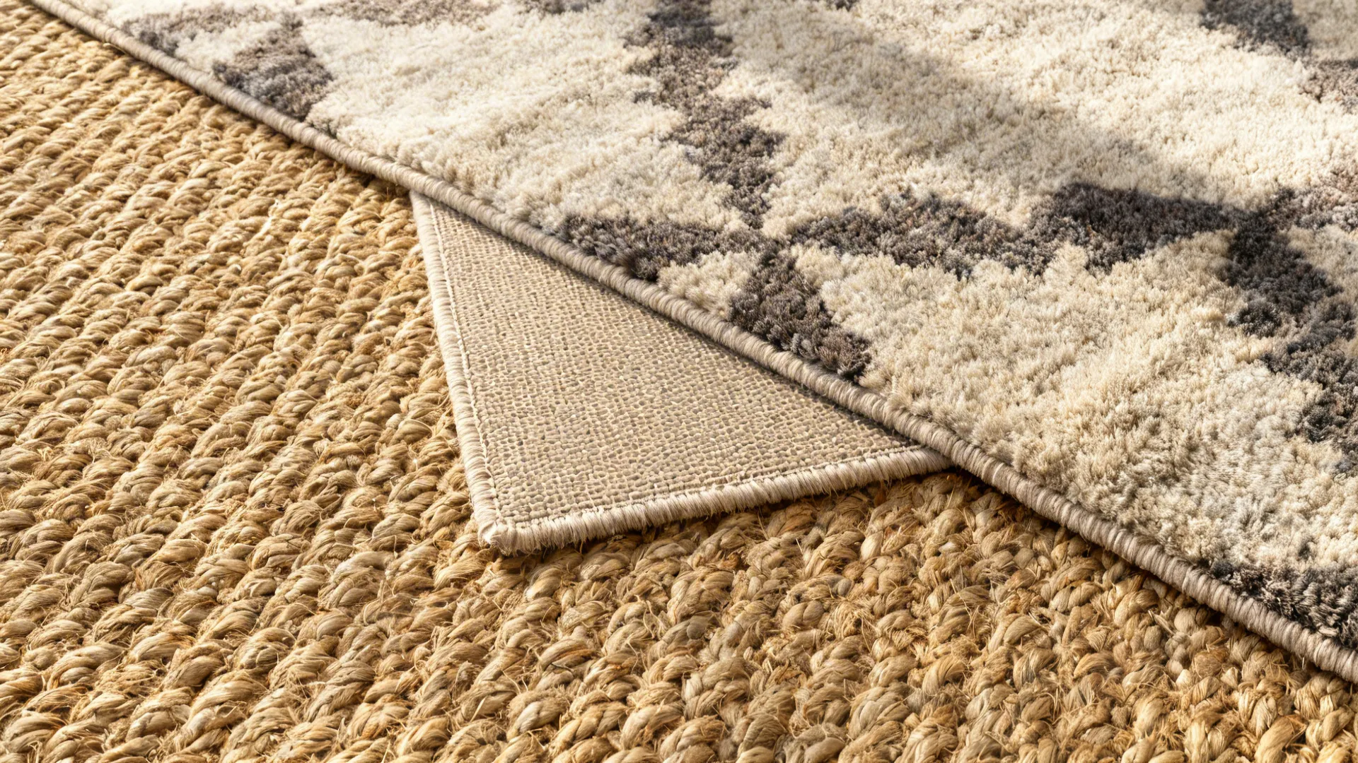 Layered jute base rug with a softer patterned wool rug on top showing texture and a non-slip pad.