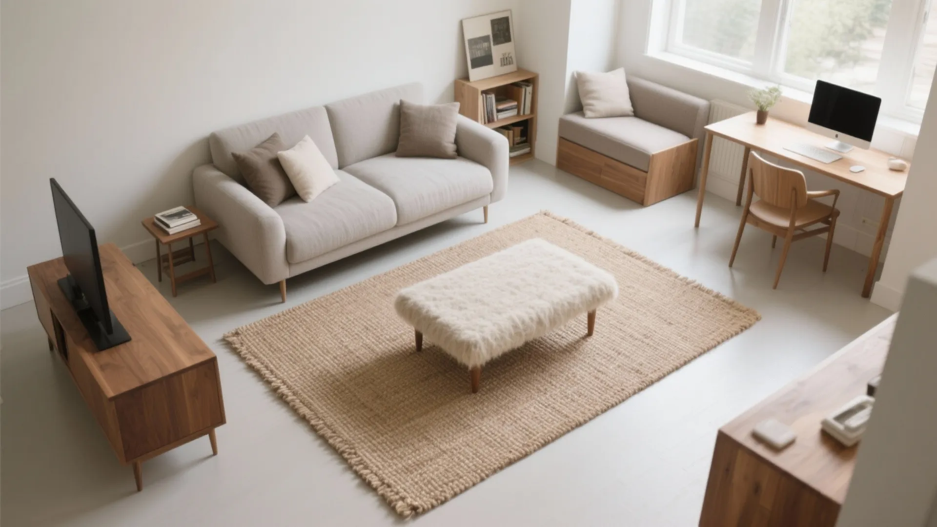 Top-down view of layered rugs creating defined zones in a small living room layout.