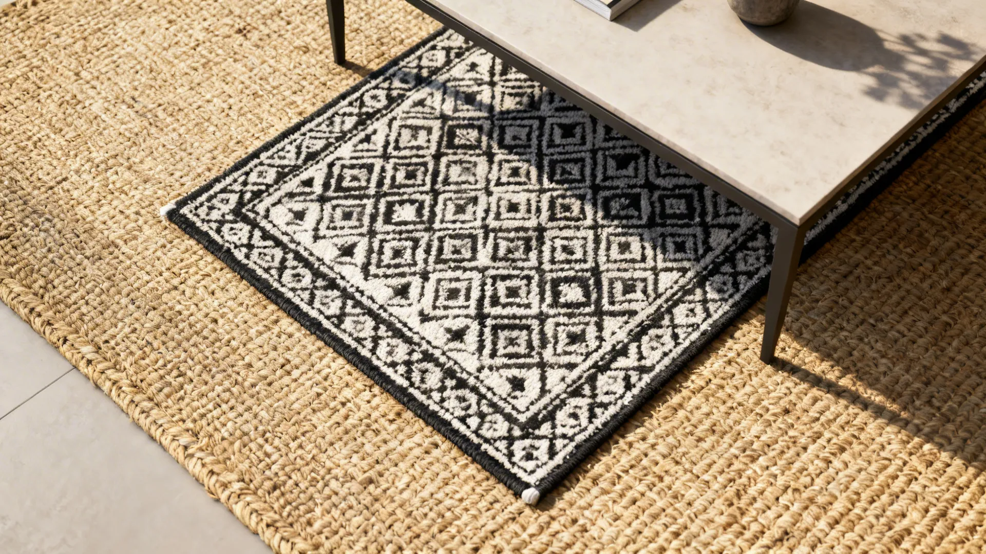 Top view of small geometric rug layered on larger natural woven rug under coffee table