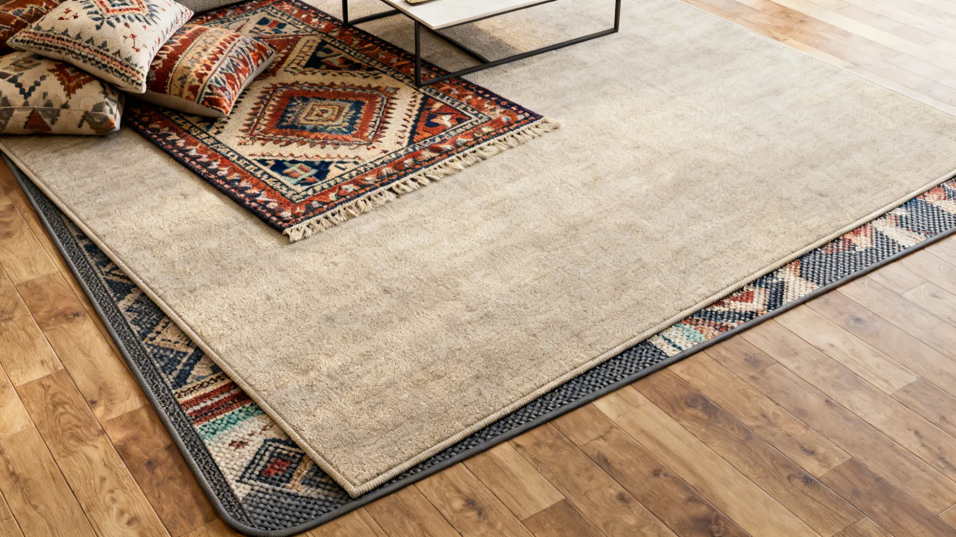 Top-down view of layered rugs with a patterned smaller rug over a neutral base defining a seating zone.