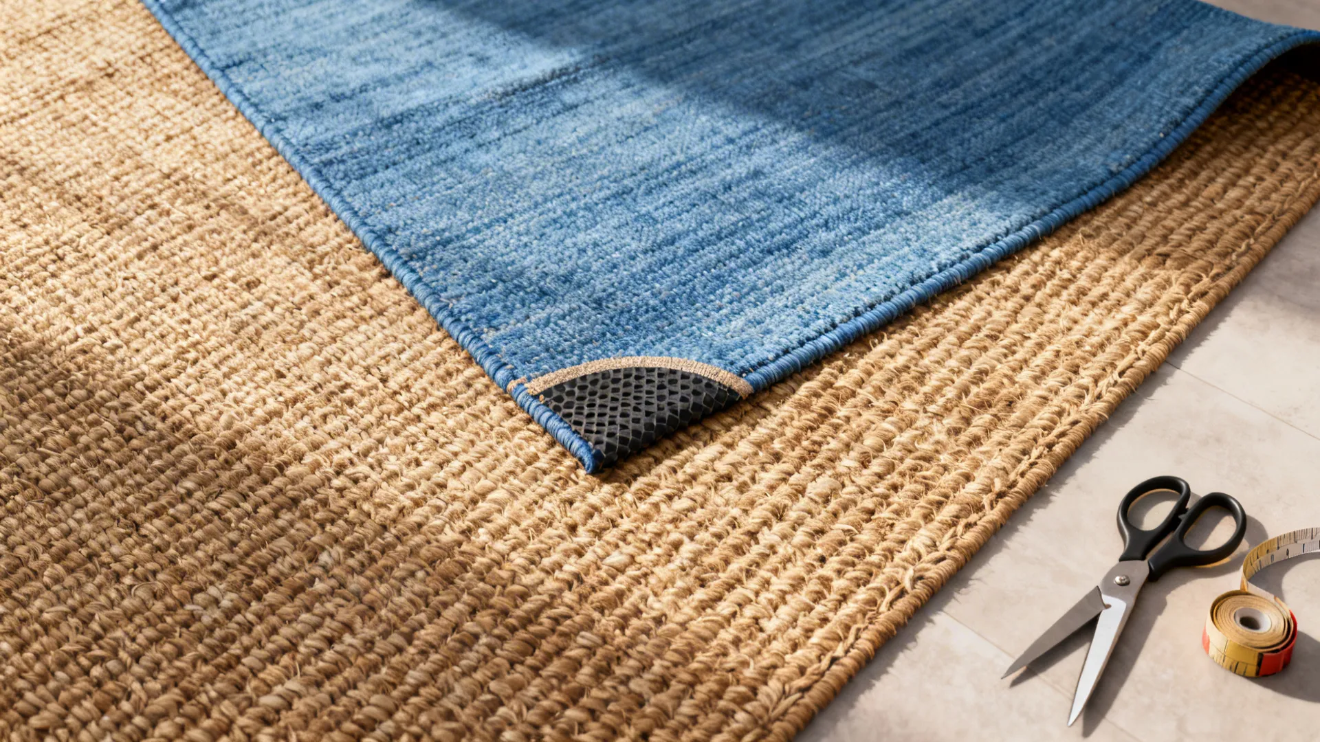 Blue rug layered over a textured brown rug with scissors and measuring tape on floor