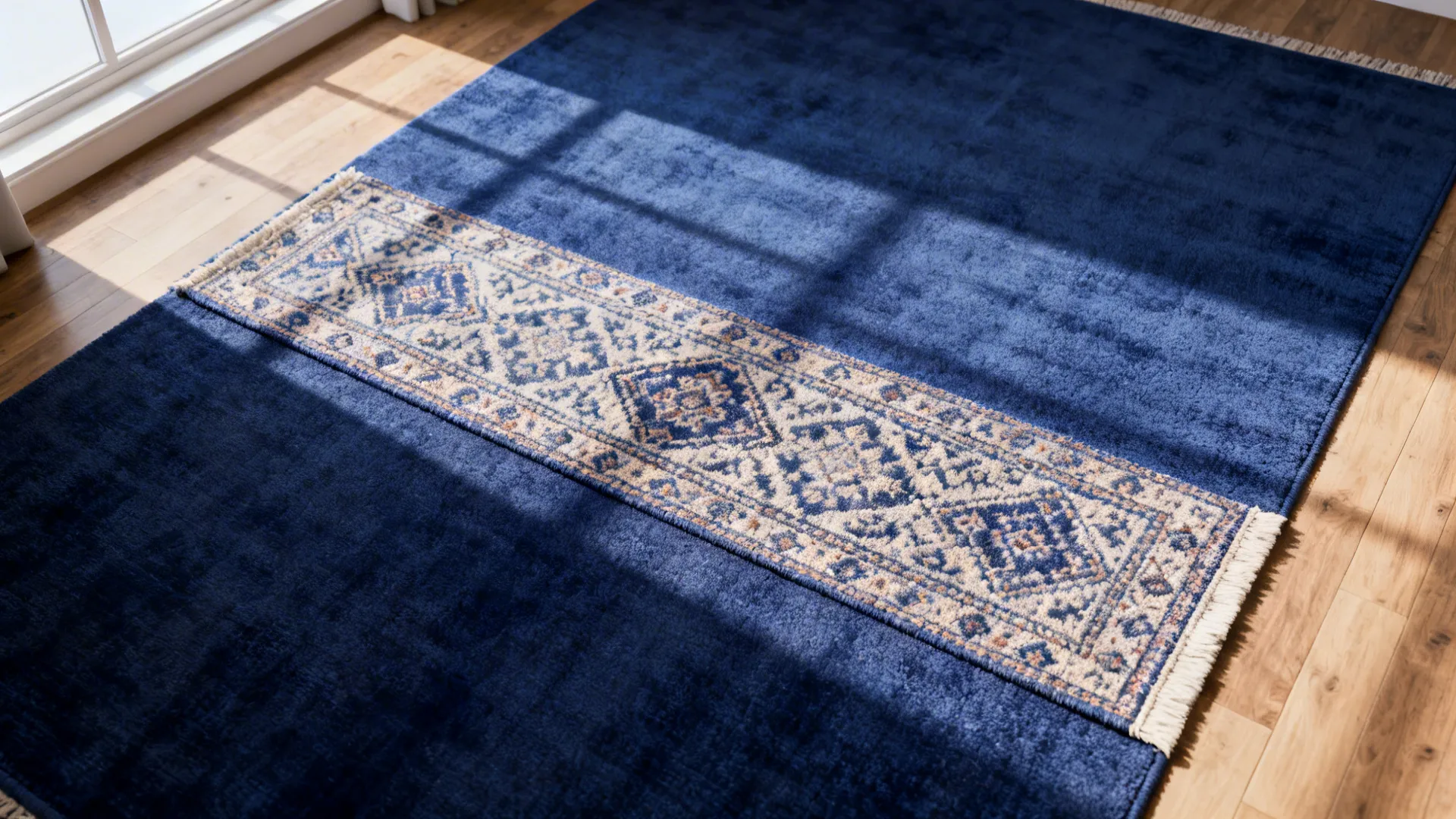 2. Layer textures: add a royal blue rug under a patterned runner