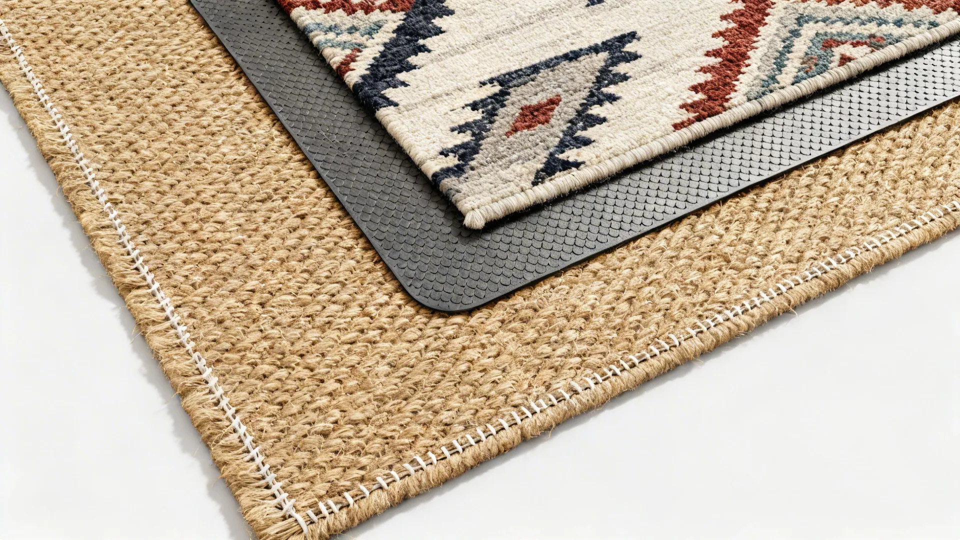 Top-down view of a jute rug layered with a patterned wool kilim and non-slip pad