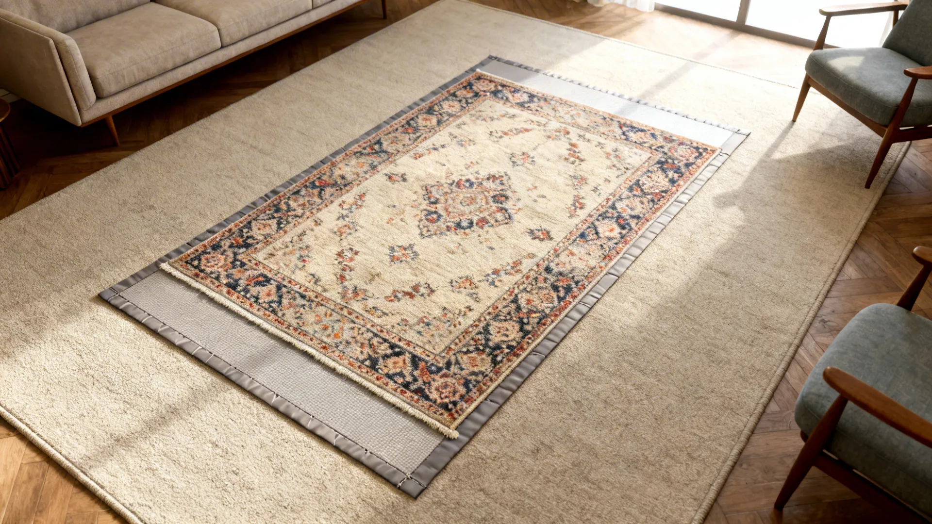 Top-down view of layered rugs showing a neutral base with a patterned top rug and rug pad for anti-slip.