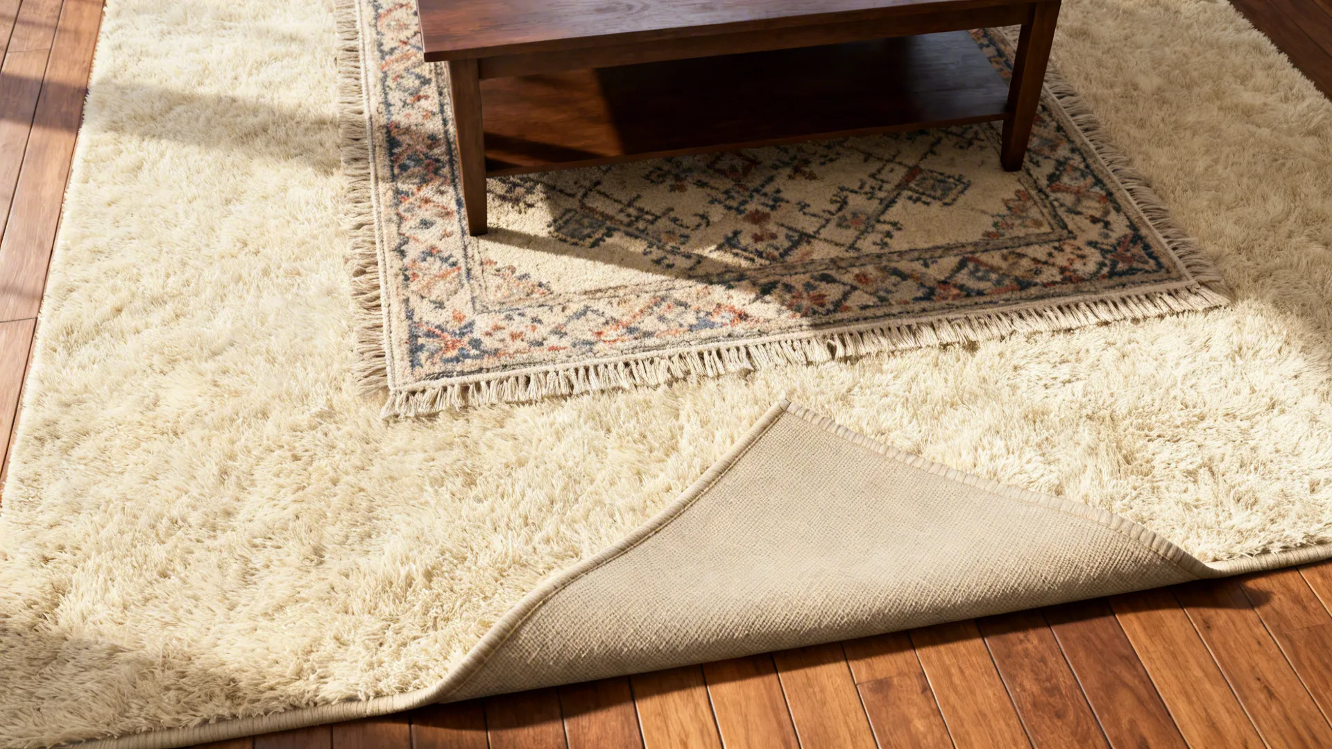 Top-down view of a large plush rug layered with a smaller flatweave under a coffee table.