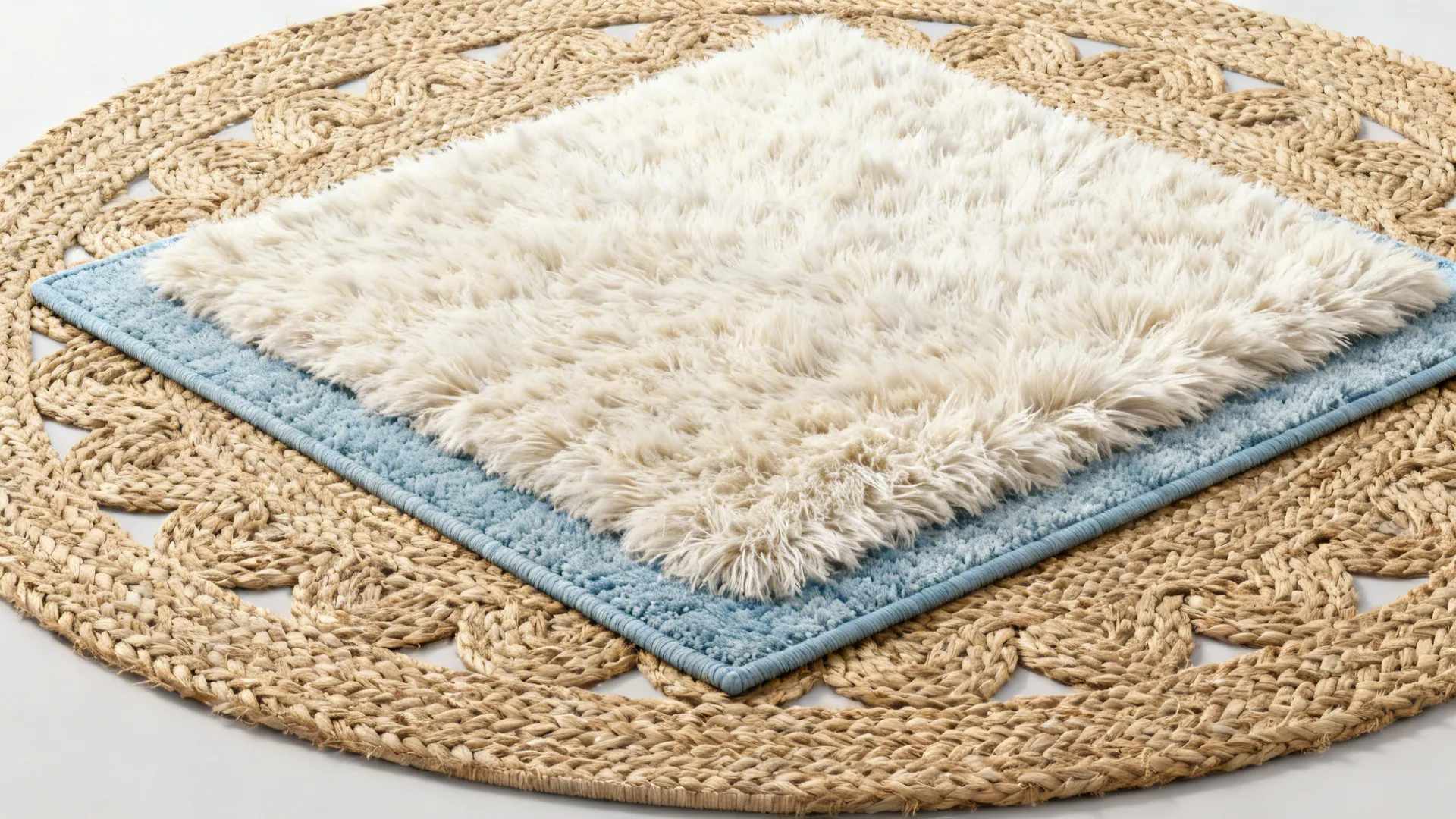 Top-down view of a jute rug layered with a fluffy ivory rug, showing texture contrast and placement.