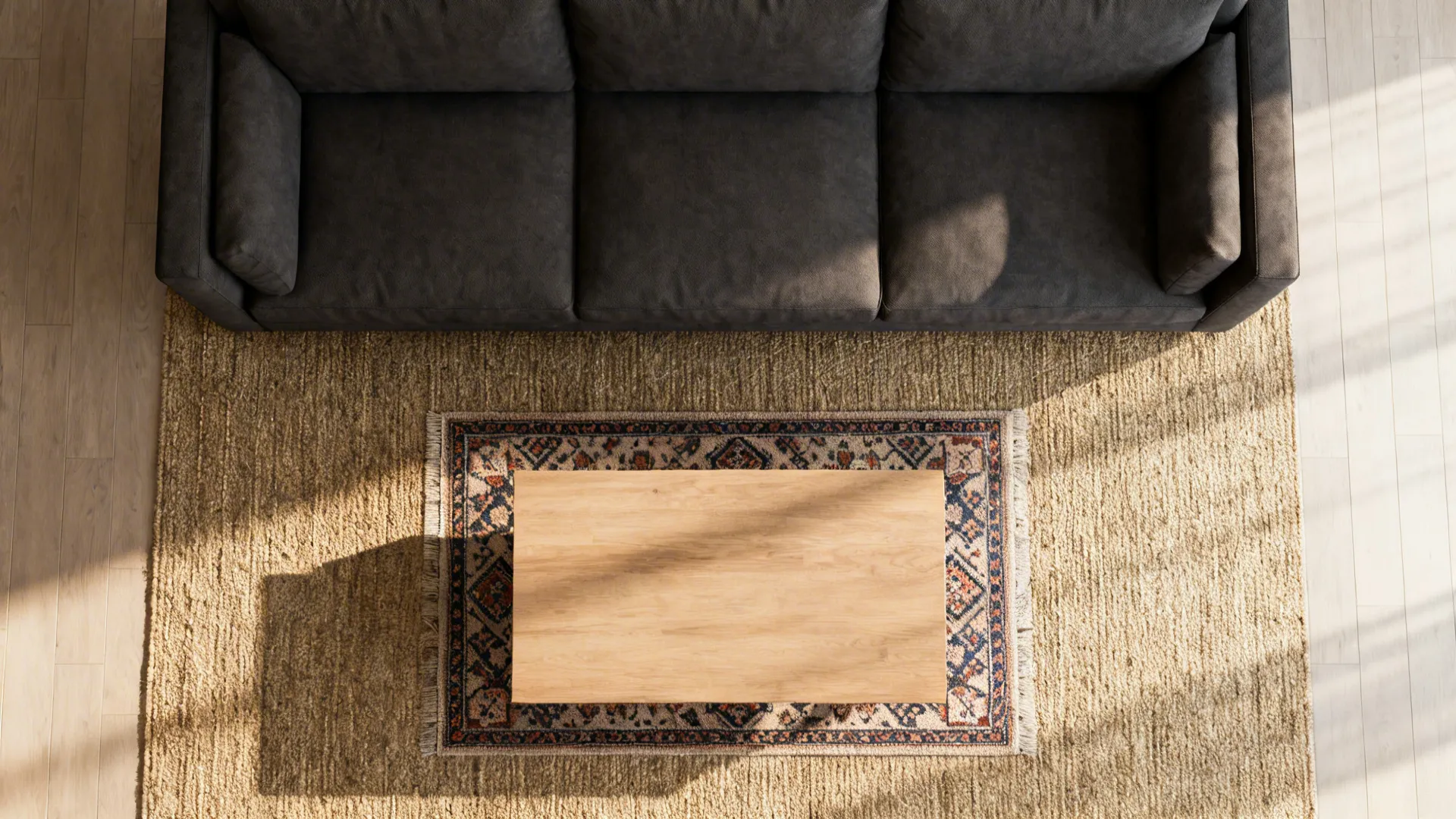 Top-down view of layered jute and patterned rugs under a dark grey couch.