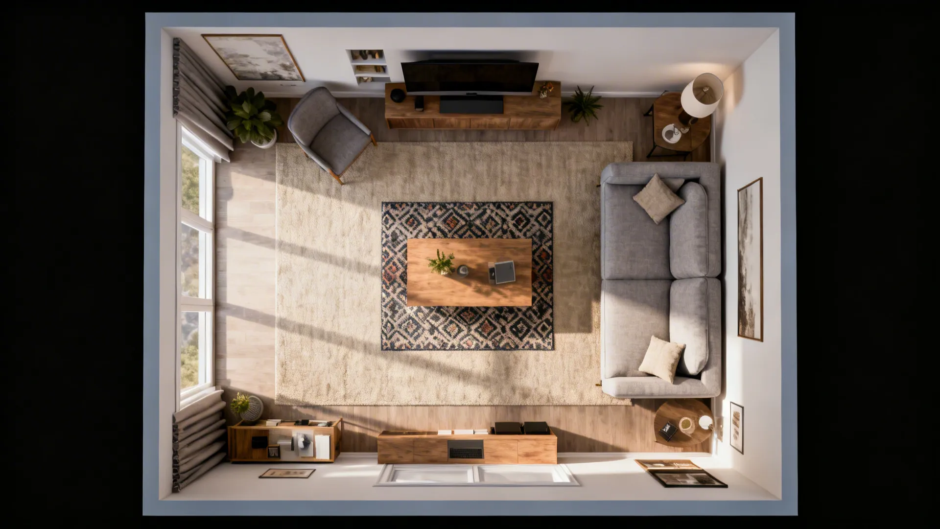 Top down interior design drawing showing living room layout with grey sofa rug and table