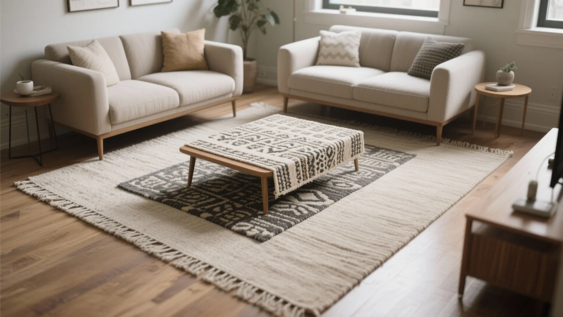 4) Layering a small patterned rug over a neutral base