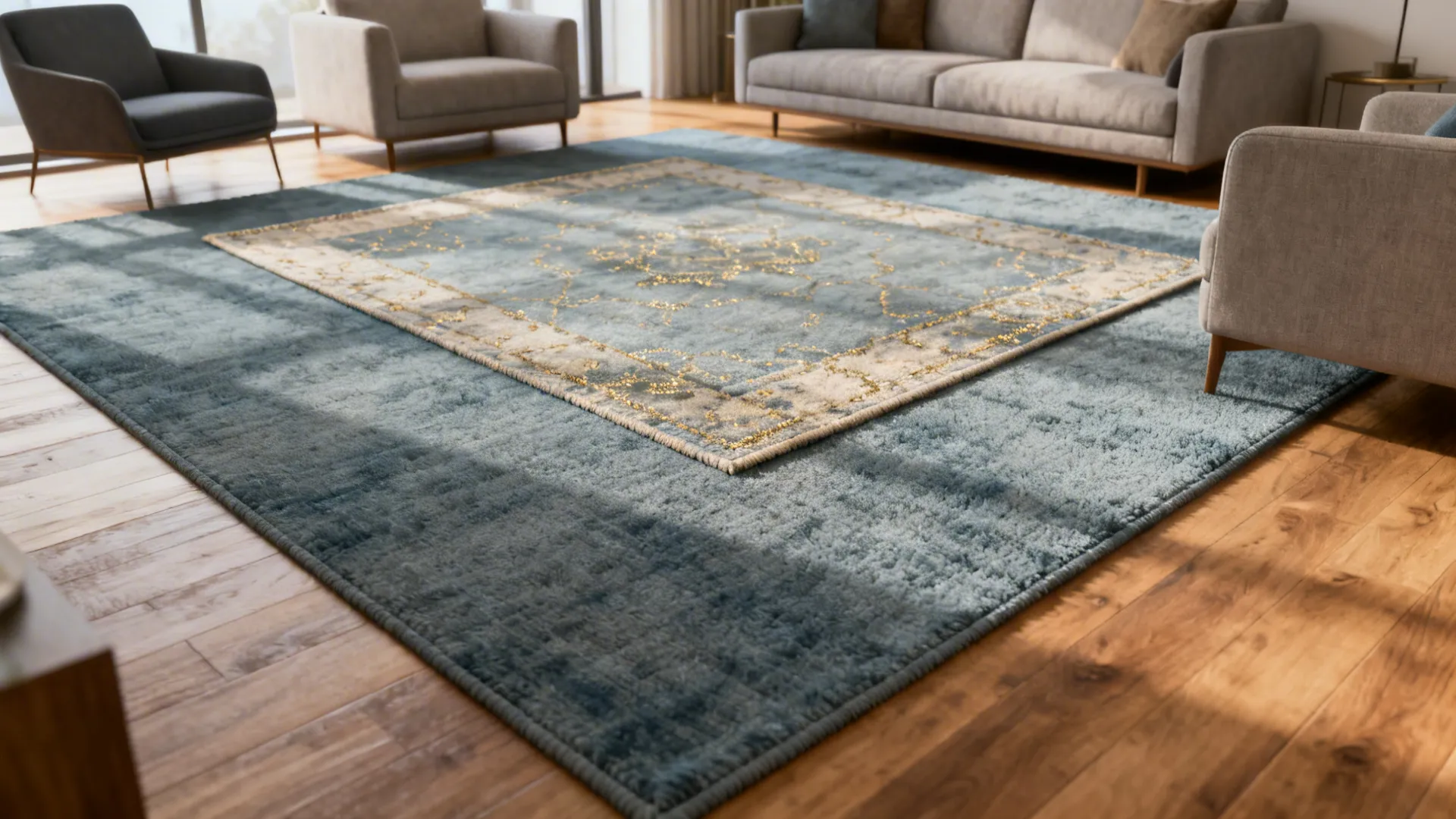 Open-plan small living area with a muted blue-grey base rug and a smaller patterned rug with gold accents.