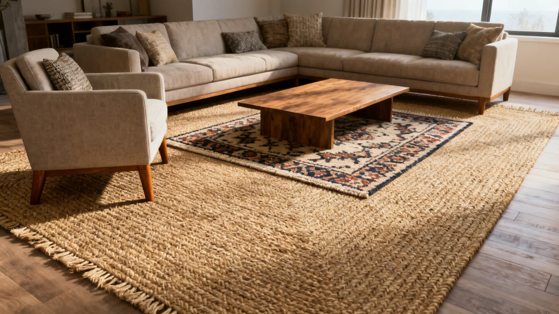 Living room seating area defined by layered jute and patterned rugs with clear pathways