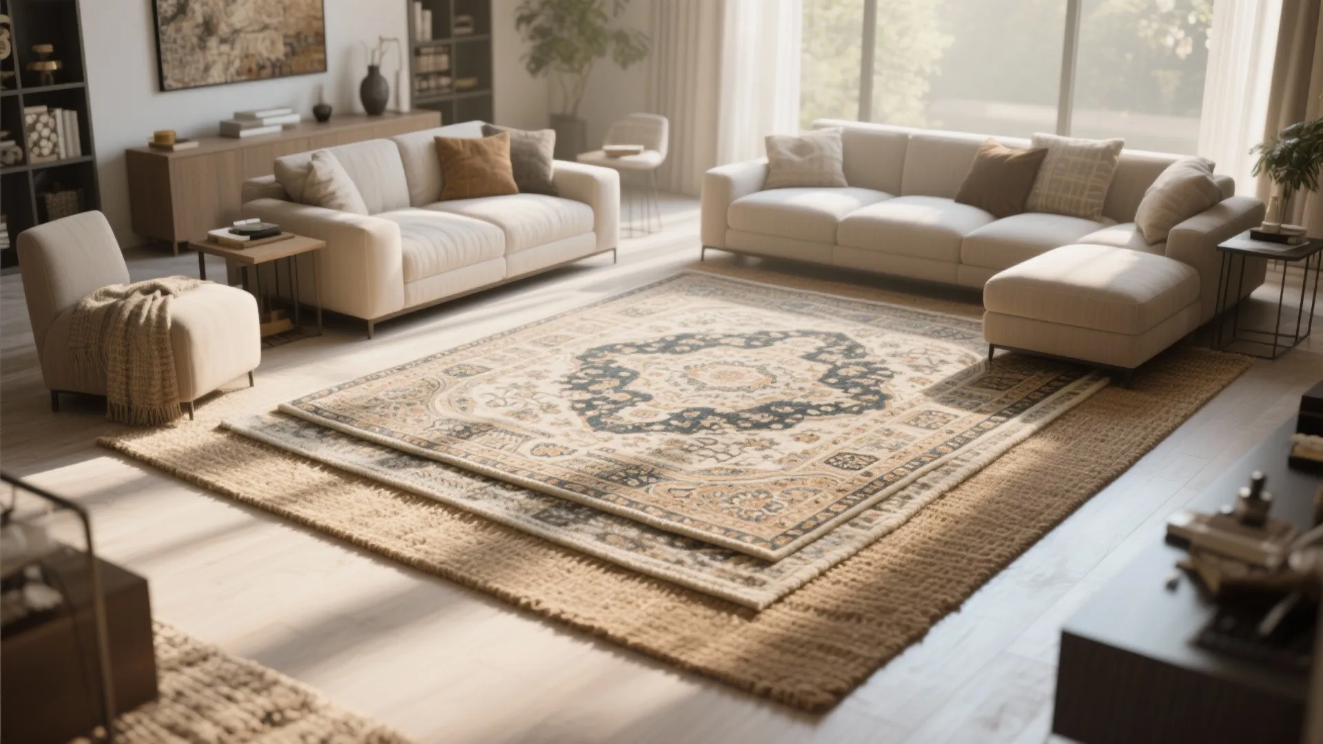 2. Layered Area Rugs for Zoning
