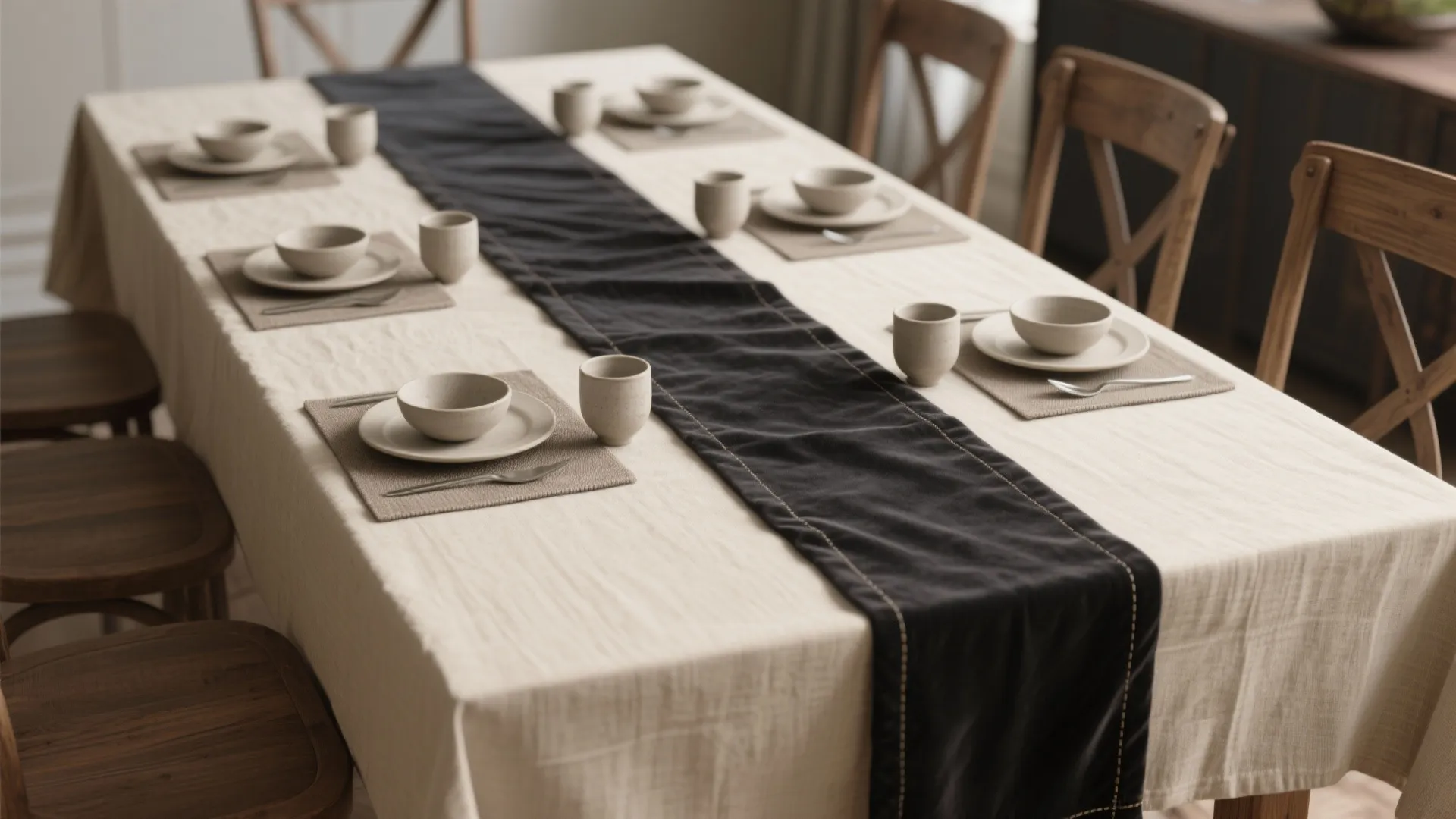 Dining table with white tablecloth black fabric runner grey plates bowls cups and wooden chairs