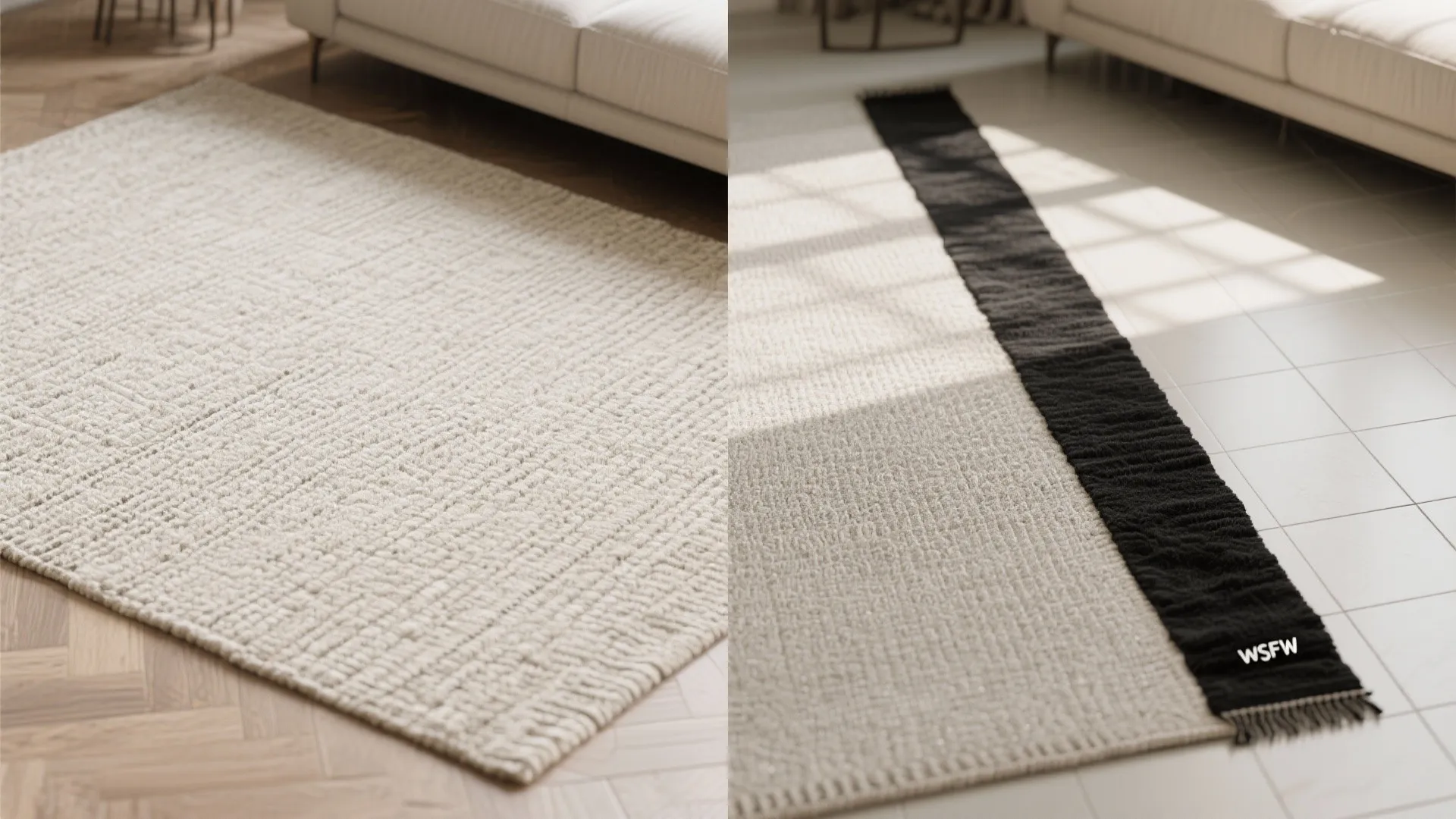 Before and after: light woven rug vs. same rug layered with a small black runner