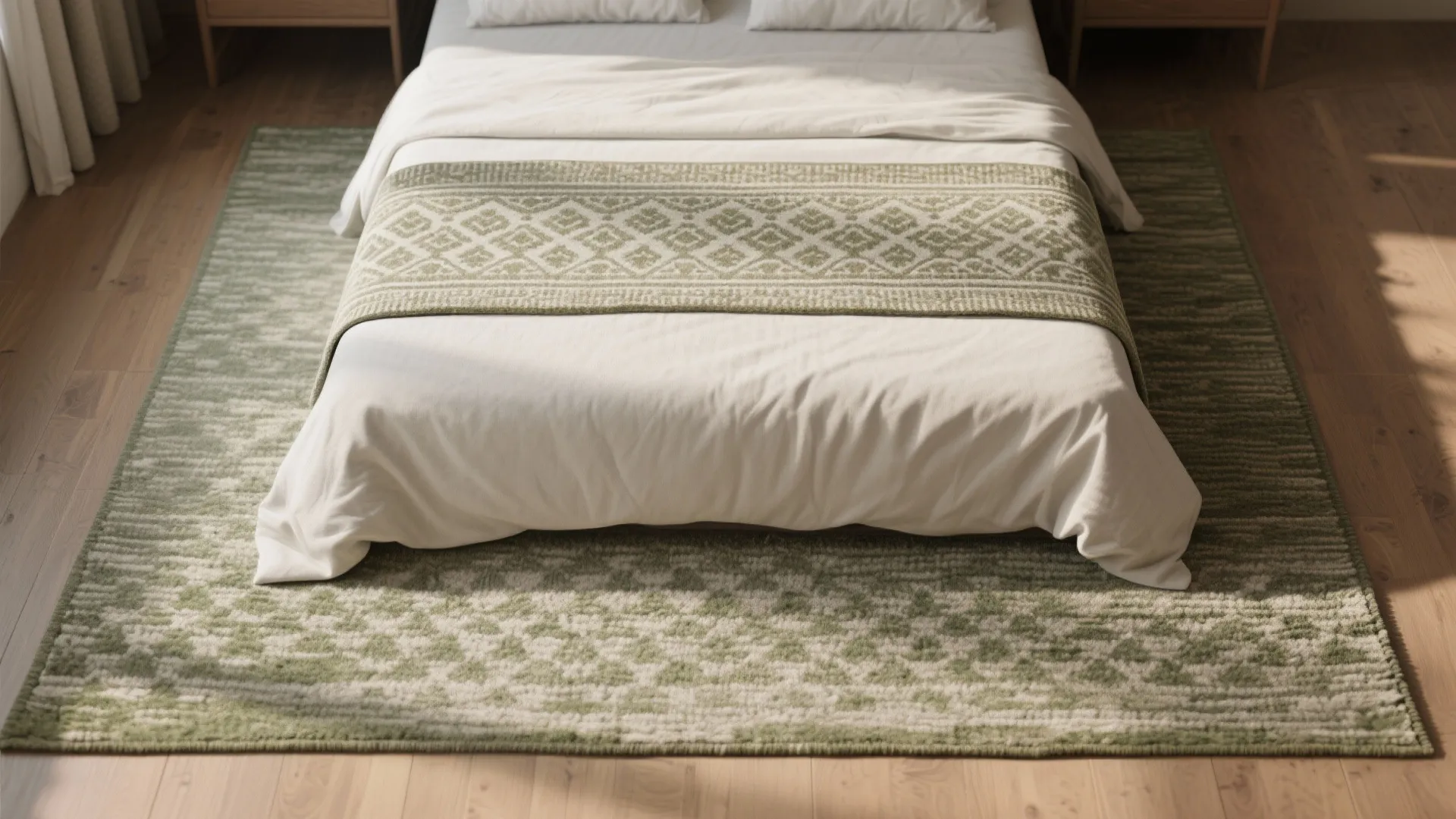 White bed with green patterned blanket over large matching green area rug on light floor