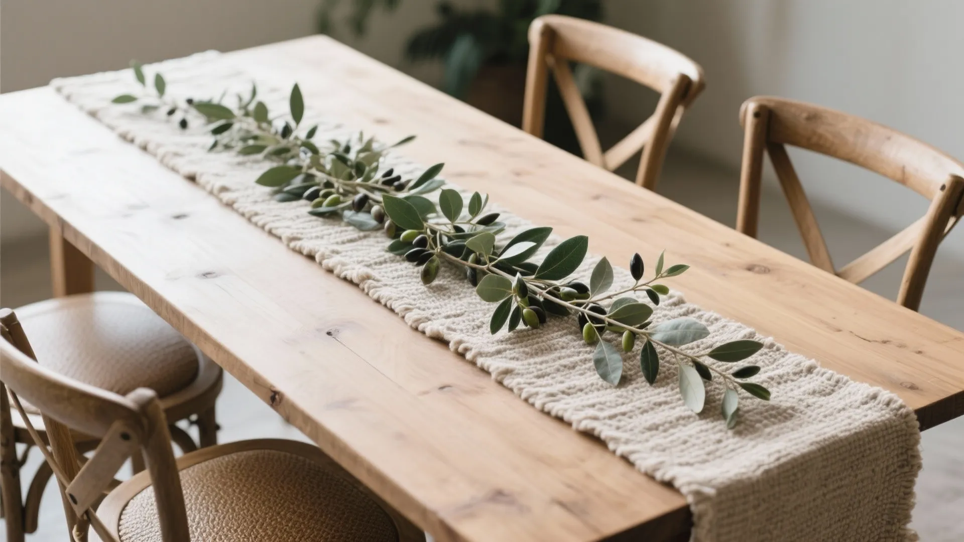 Rectangular dining table with layered runner and fresh greenery