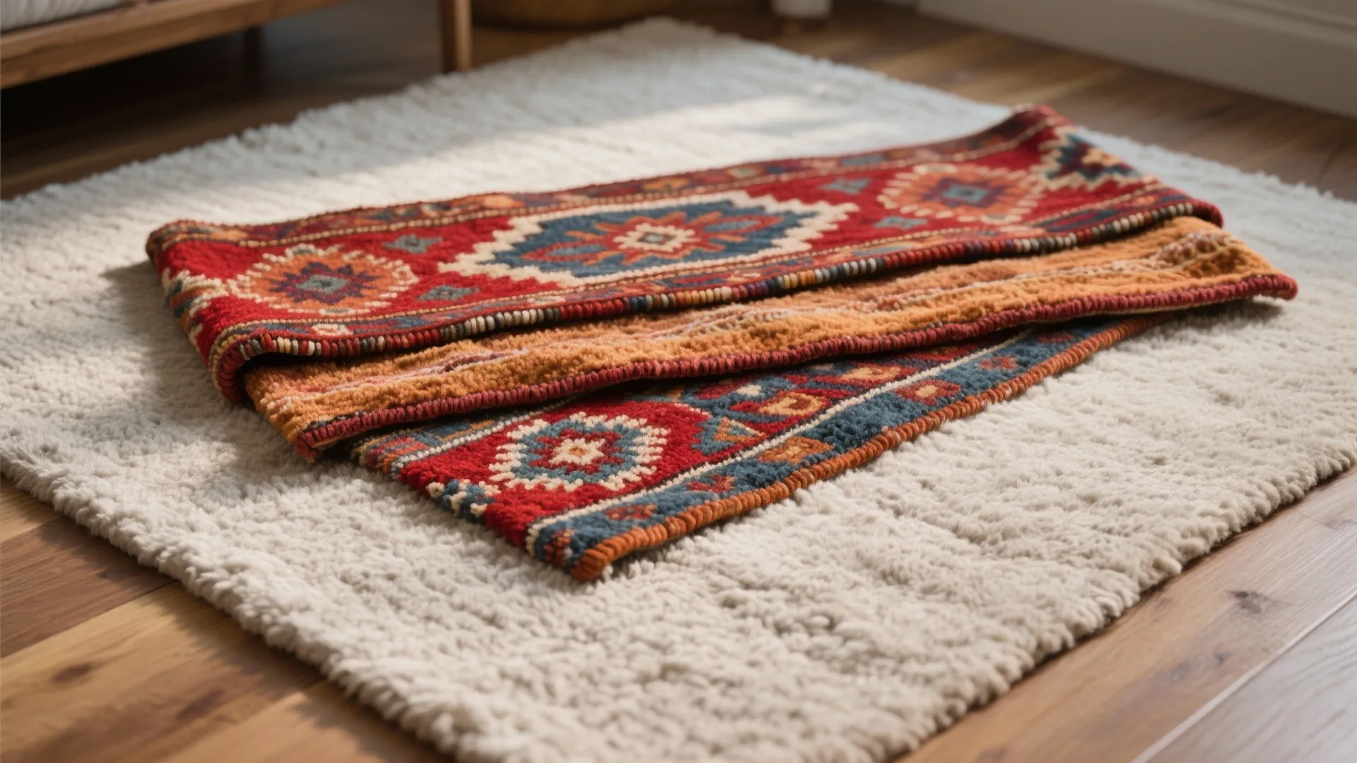 Top-down layers showing a colorful kilim runner over a neutral wool rug on wood flooring.