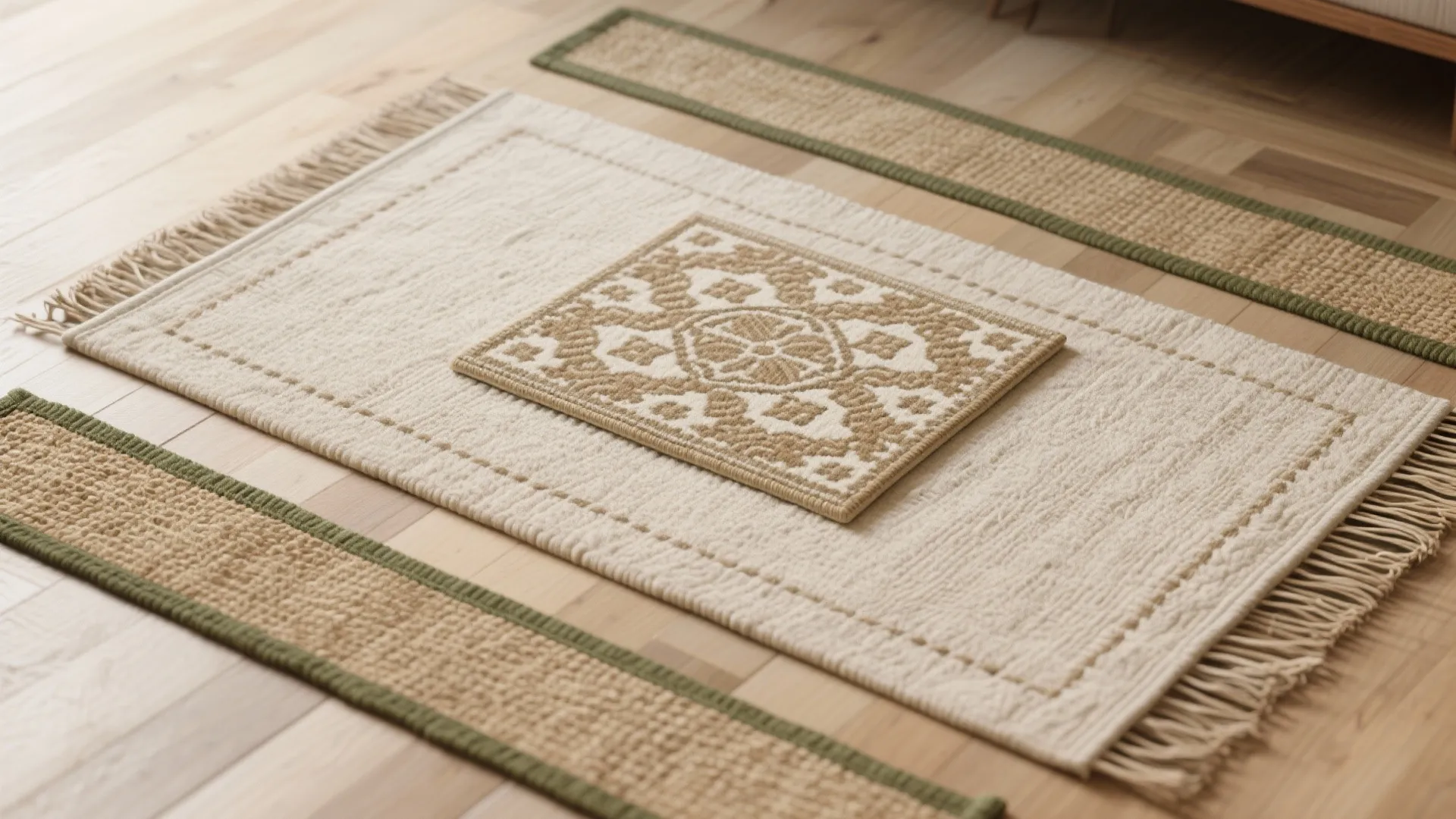 Top-down view of a small rug layered with sisal runners and flatweave pieces showing texture and edge details.