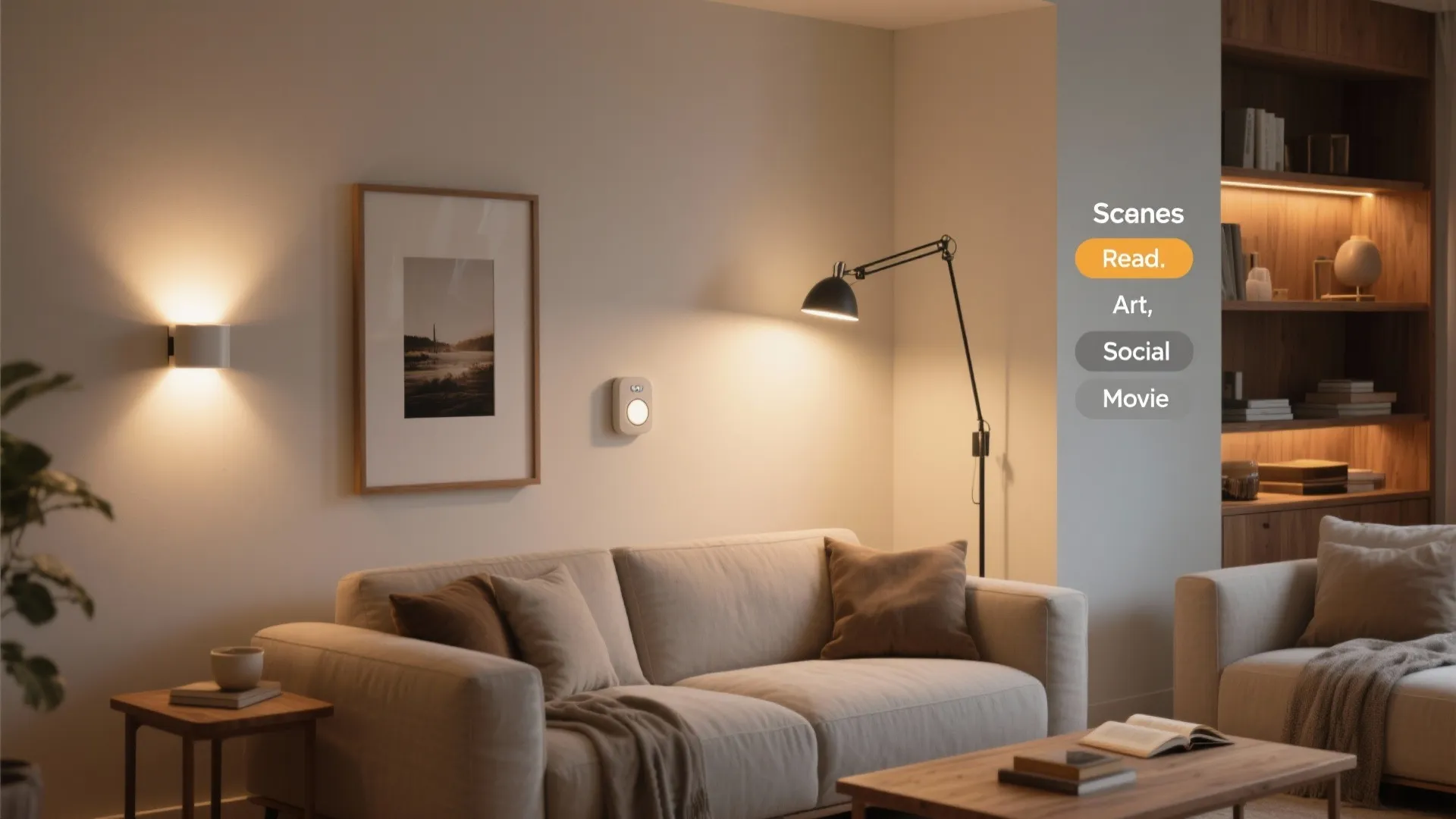 5) Layered wall lights with smart dimming scenes