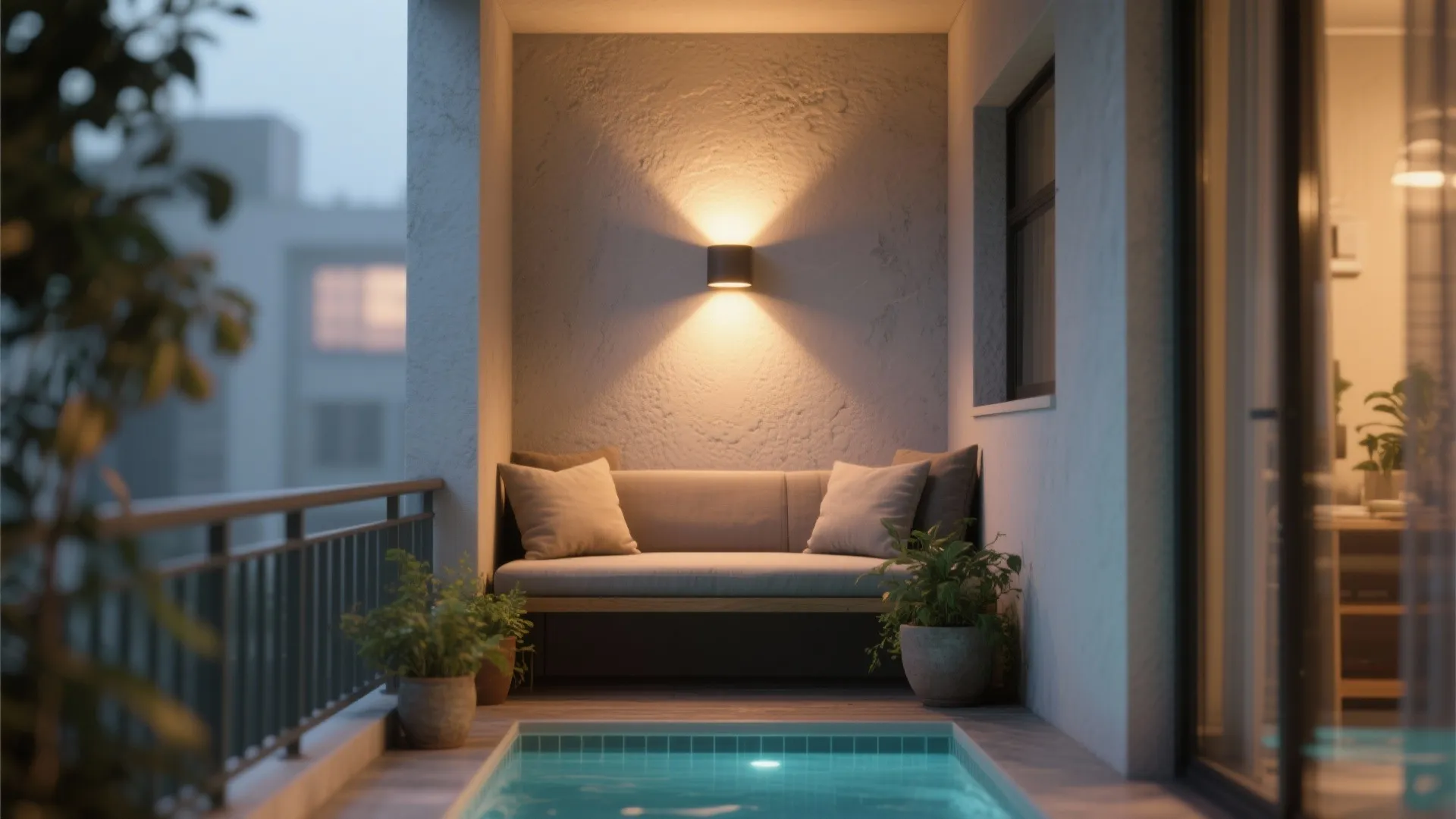 Modern balcony with comfortable gray sofa, glowing wall light, small pool, and green potted plants