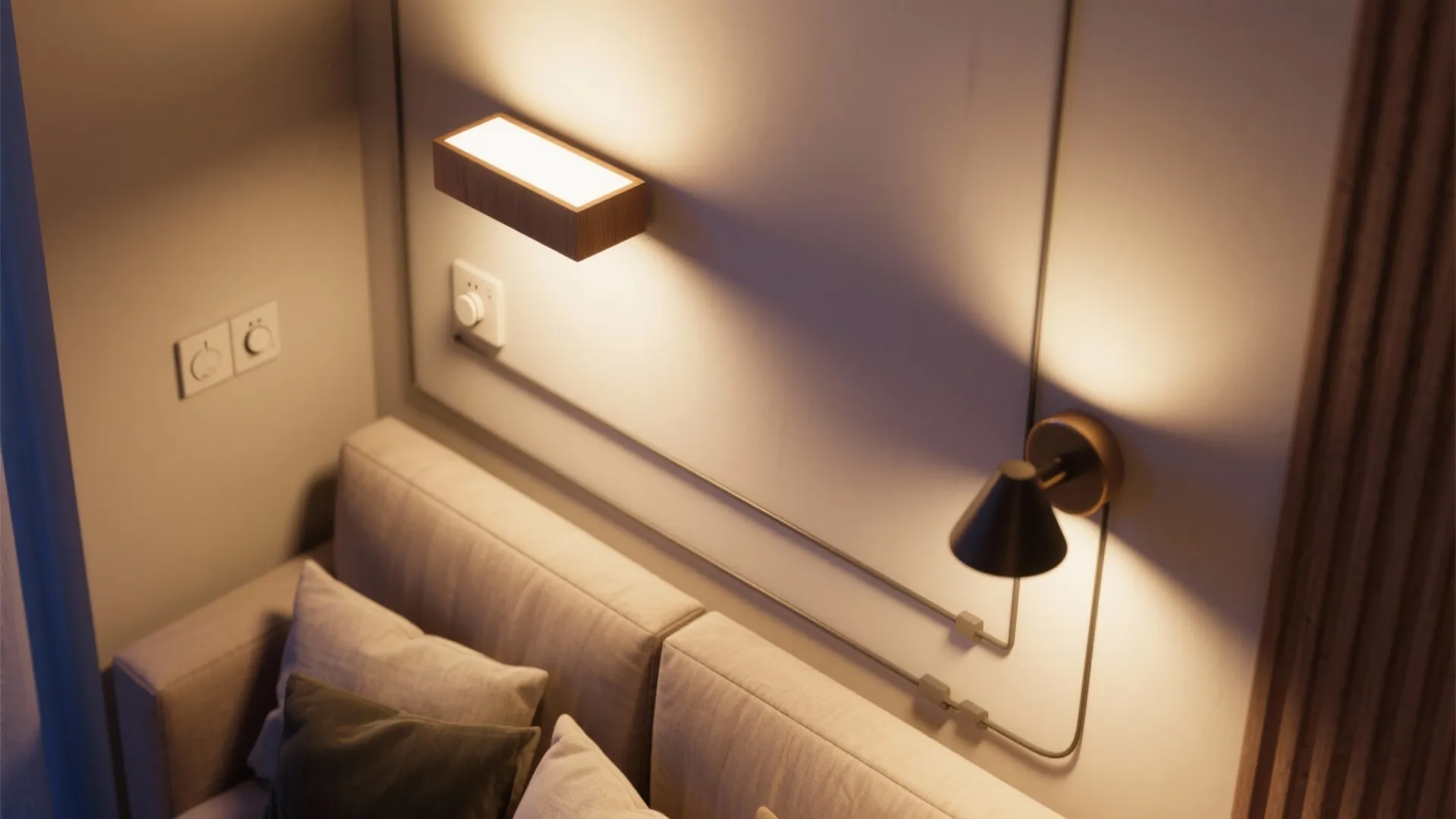 Layered uplight and downlight sconces with a dimmer control creating flexible ambiance.