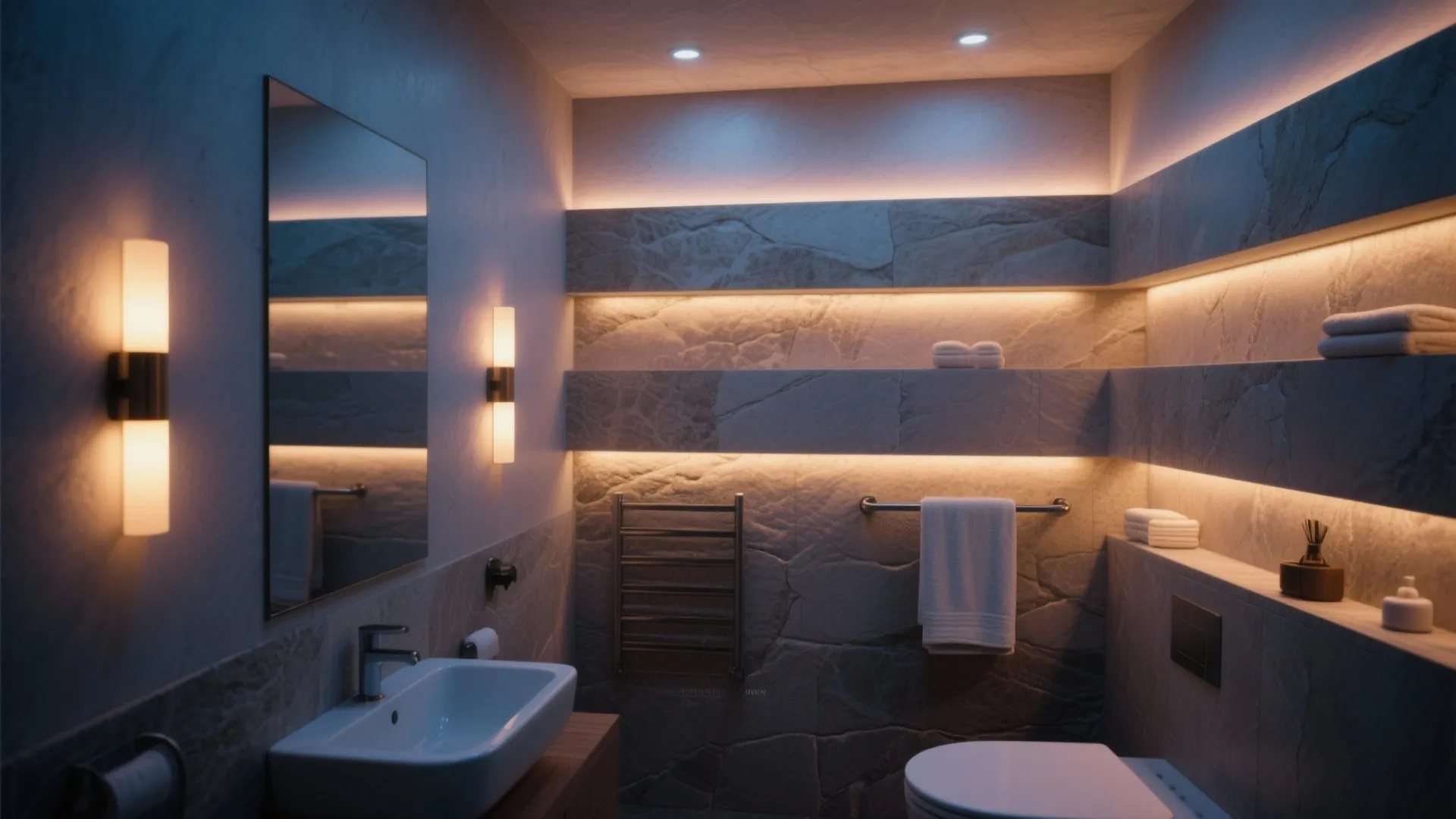 5. Layered wall sconces plus ambient uplights for spa vibes