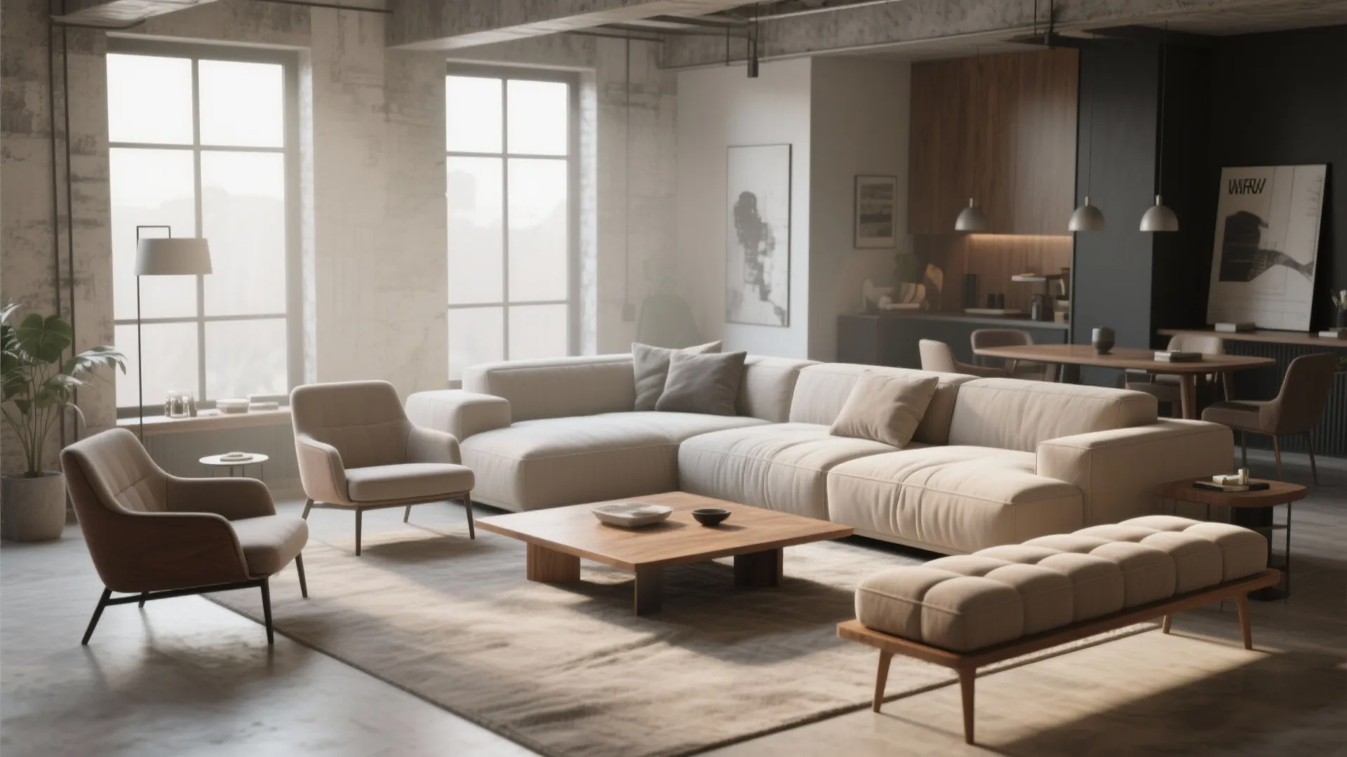 Modern open plan living room with cream sofa two armchairs wooden coffee table and footrest bench