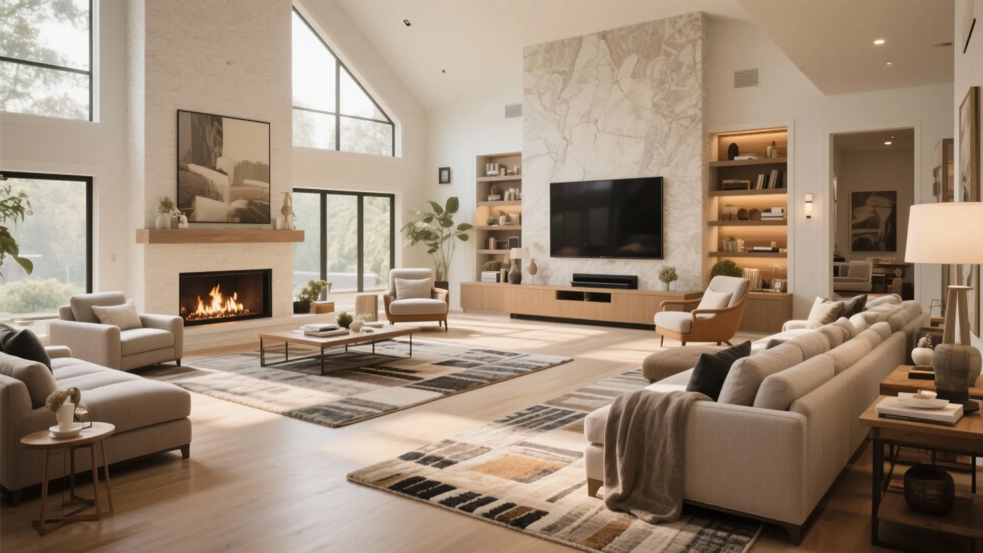 Modern open living room with cream sofa fireplace television large windows and natural wood floor
