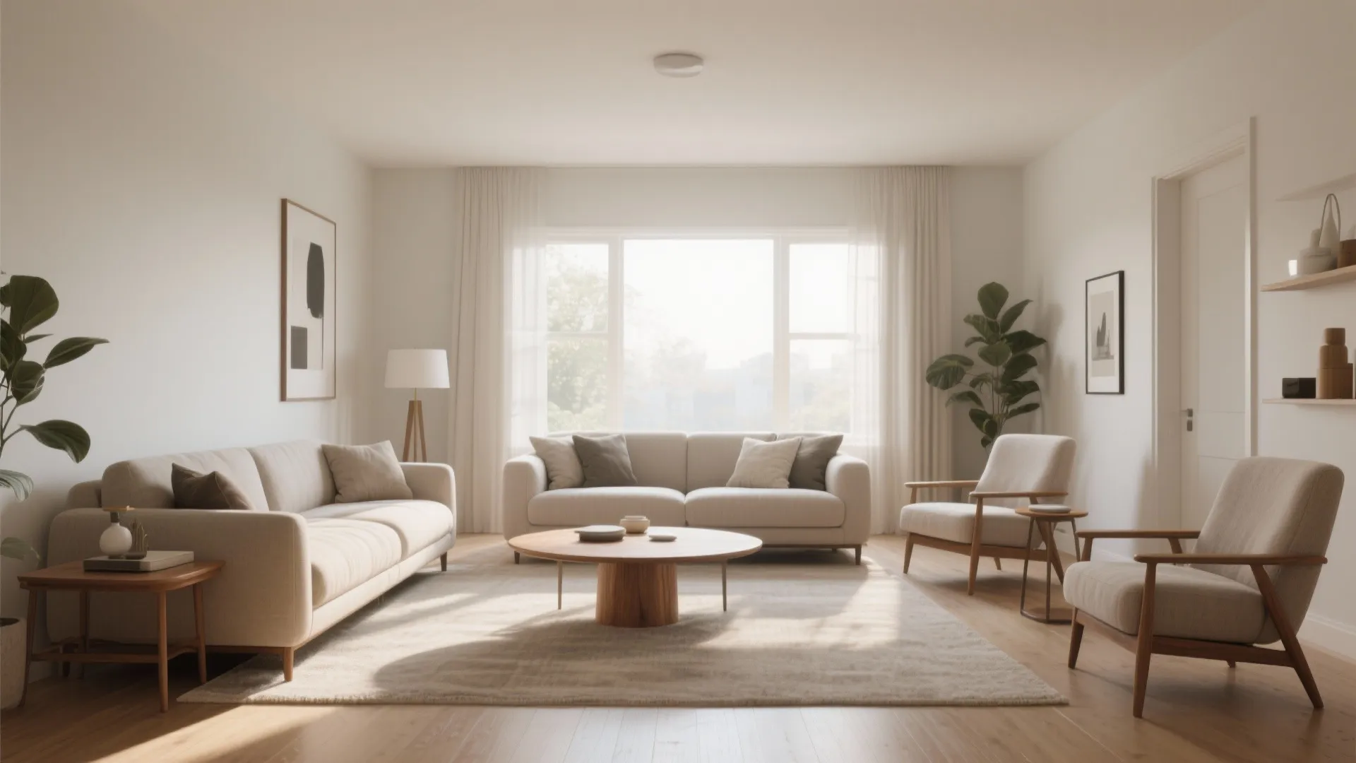 Bright minimalist living room featuring beige sofas wooden coffee table large windows and green potted plants