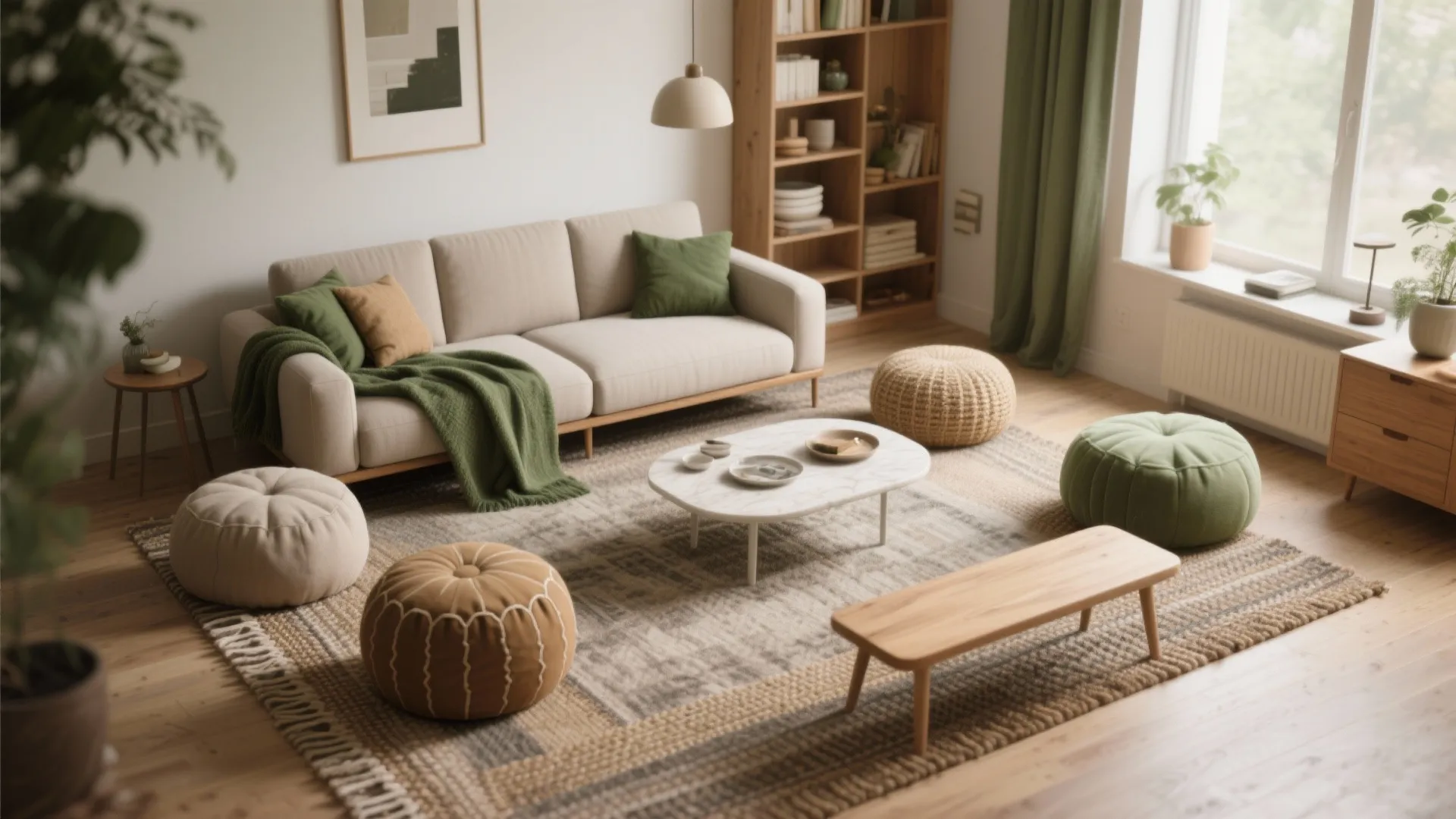 5. Layered seating: poufs, floor cushions, and benches