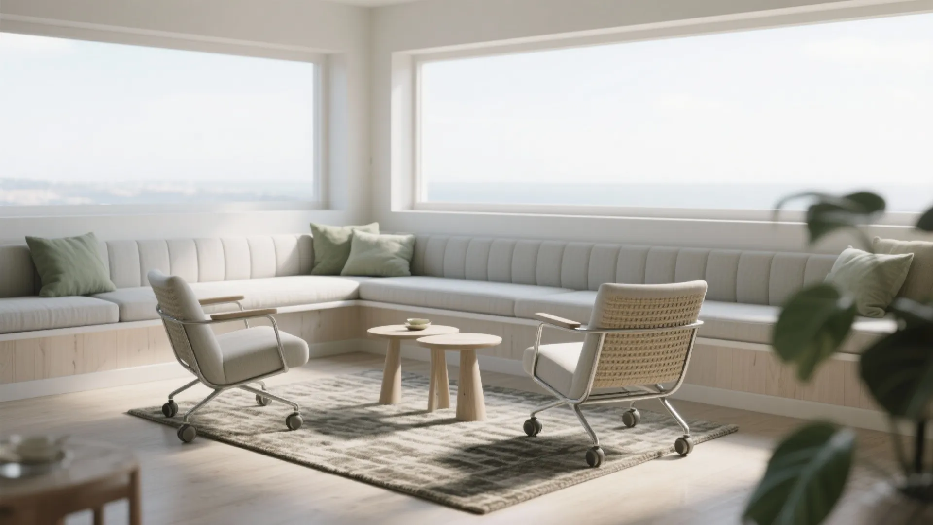 Minimalist living room featuring a large built-in bench two chairs small coffee tables and windows